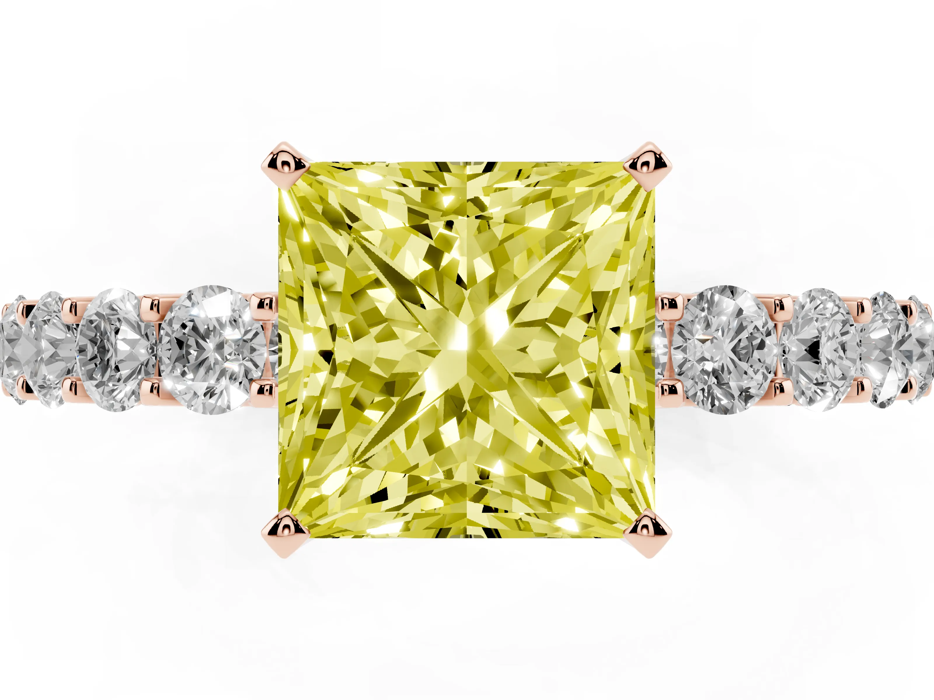 Fancy Yellow Princess Cut Diamond Solitaire Ring Set in Rose gold with Shared Prong Pavé Band