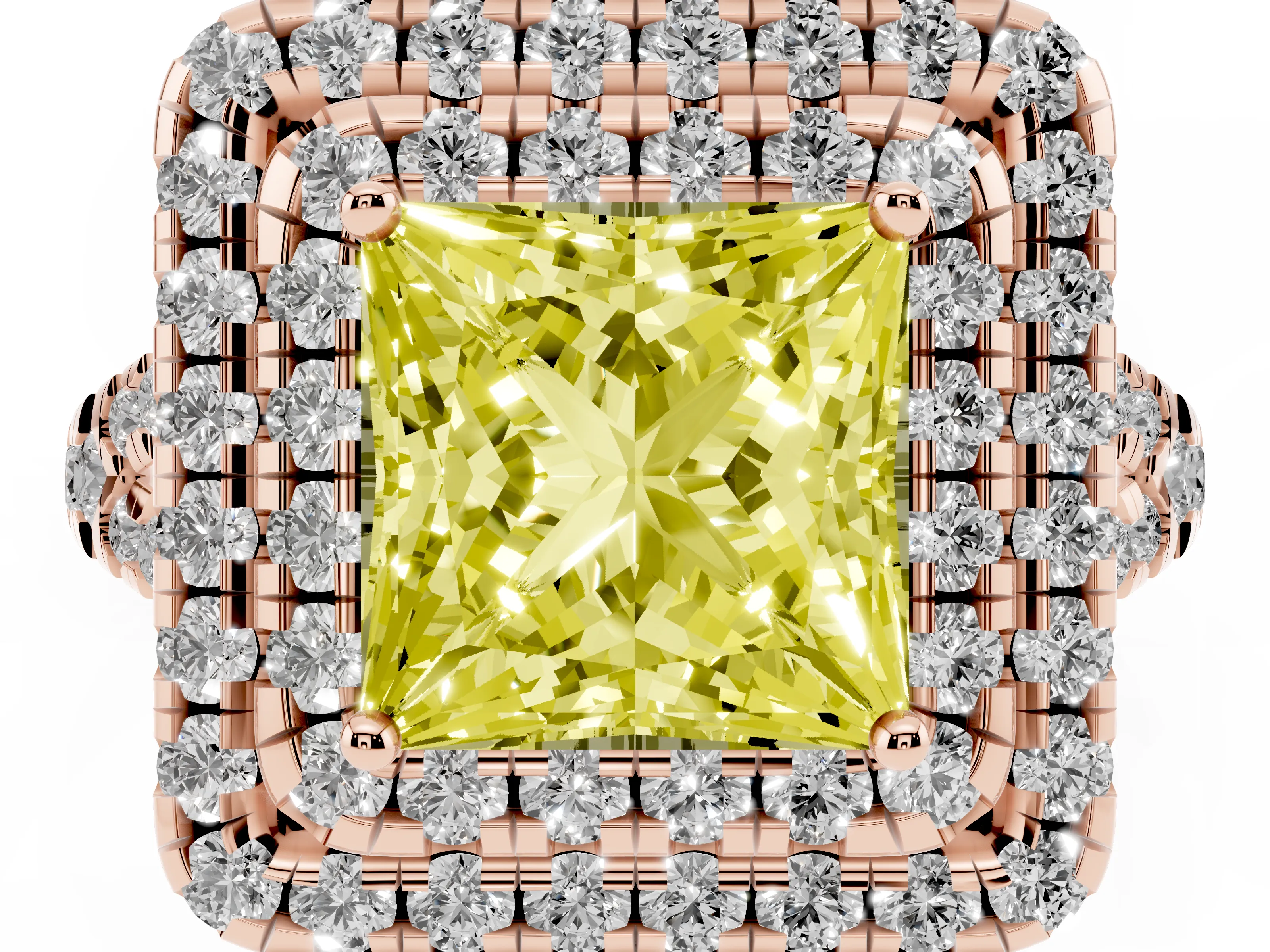 Fancy Yellow Princess Cut Diamond Double Halo Ring Set in Rose gold with Pavé Split Shank and Prong Setting