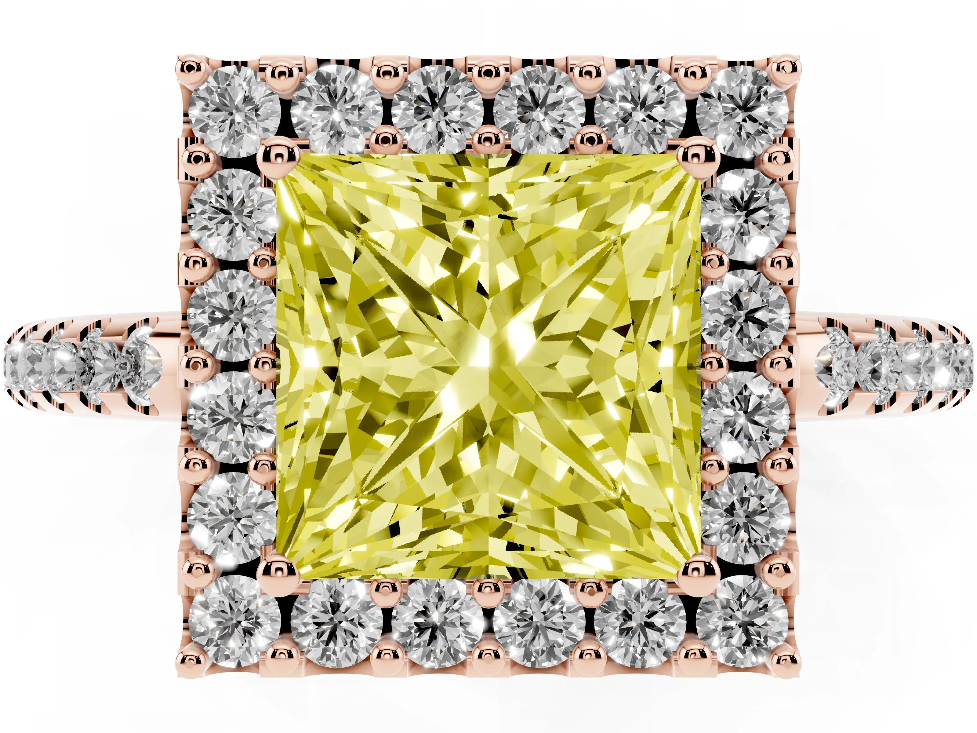 Fancy Yellow Princess Cut Diamond Pavé Halo Ring Set in Rose gold with Prong Setting