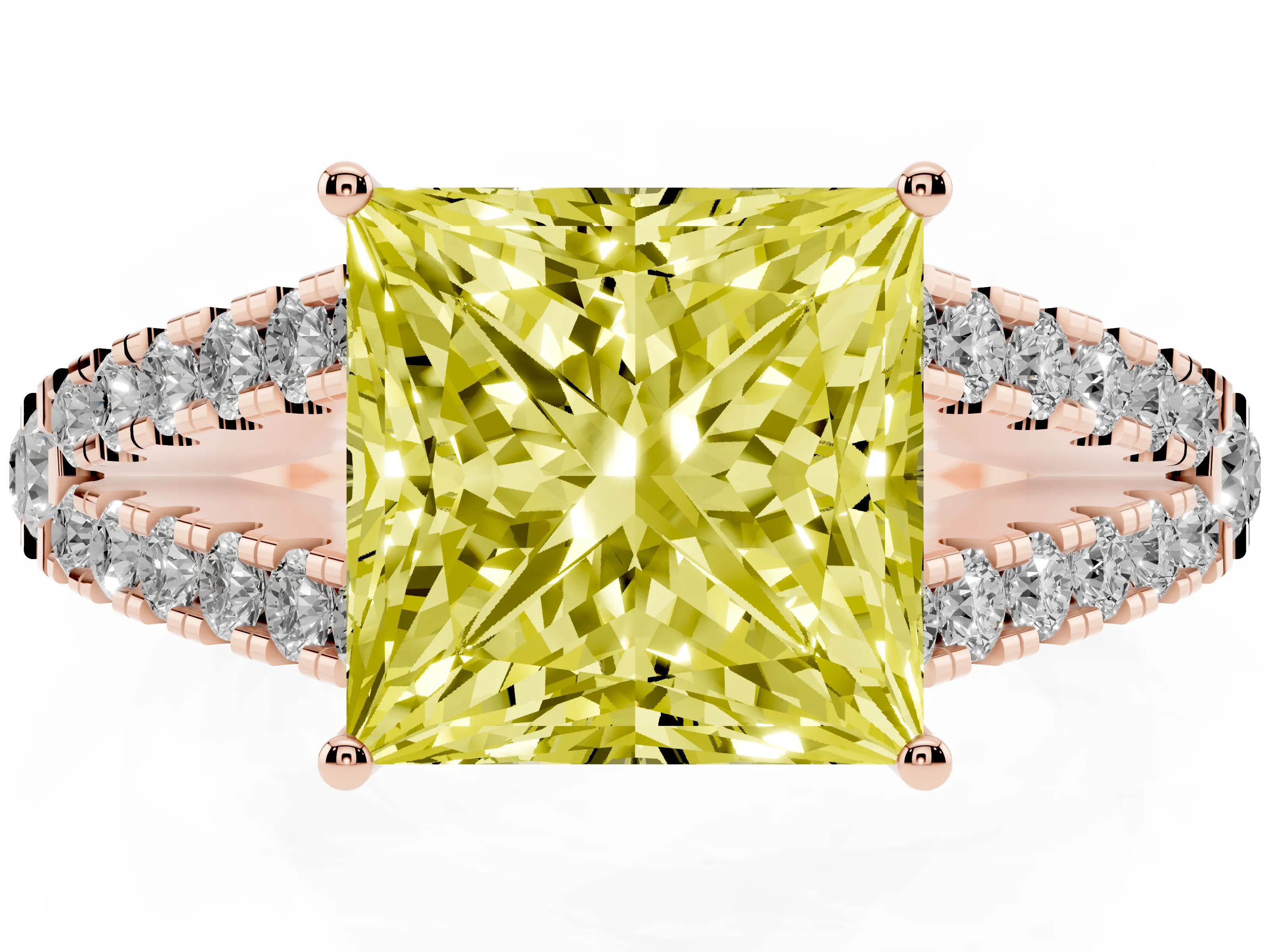 Fancy Yellow Princess Cut Diamond Split Shank Pavé Engagement Ring Set in Rose gold with Prong-Held Center Stone