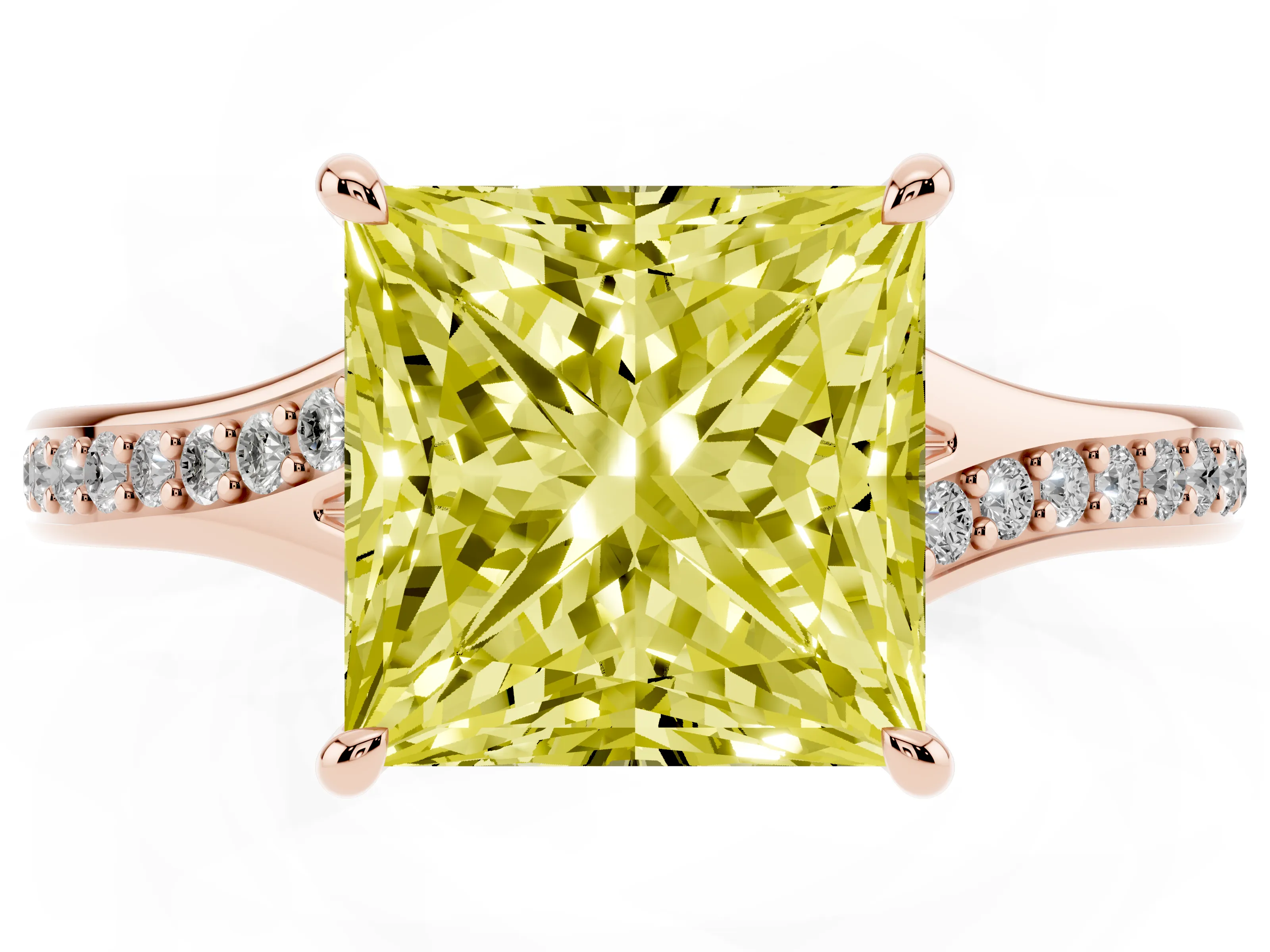 Fancy Yellow Princess Cut Diamond Solitaire Ring Set in Rose gold with Pavé Accent Band and Classic Prong Setting