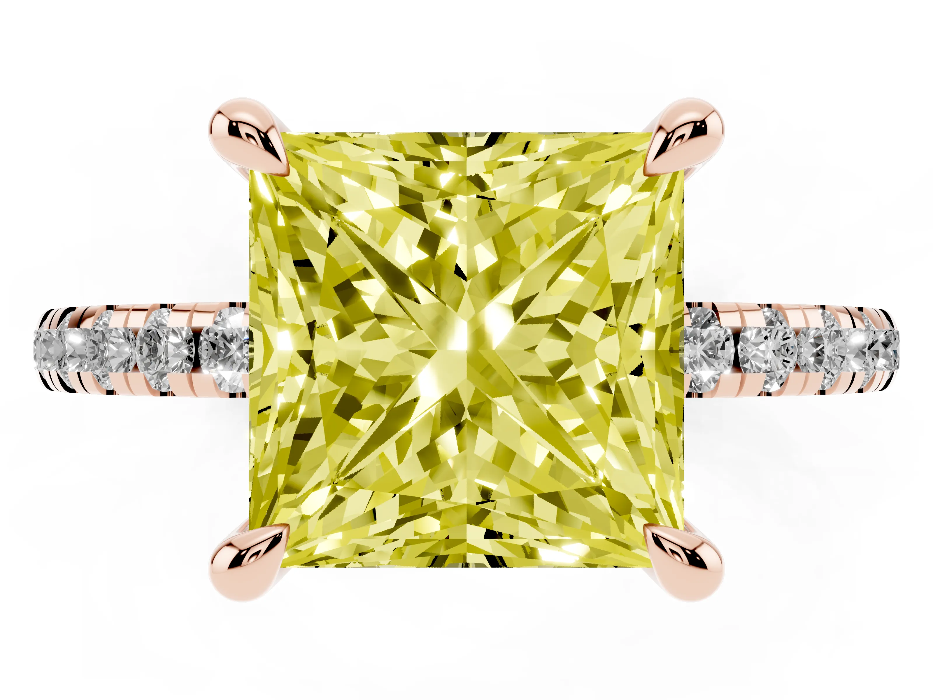 Fancy Yellow Princess Cut Diamond Brilliant Solitaire Ring Set in Rose gold with Pavé Band and Prong Setting