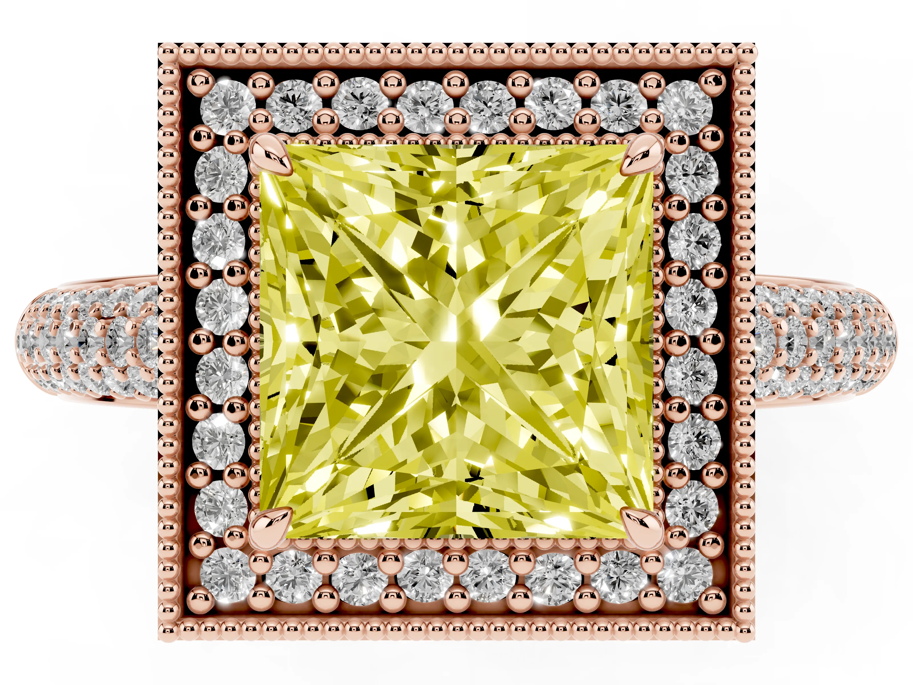 Fancy Yellow Princess Cut Diamond Halo Pavé Band Set in Rose gold with Prong Setting