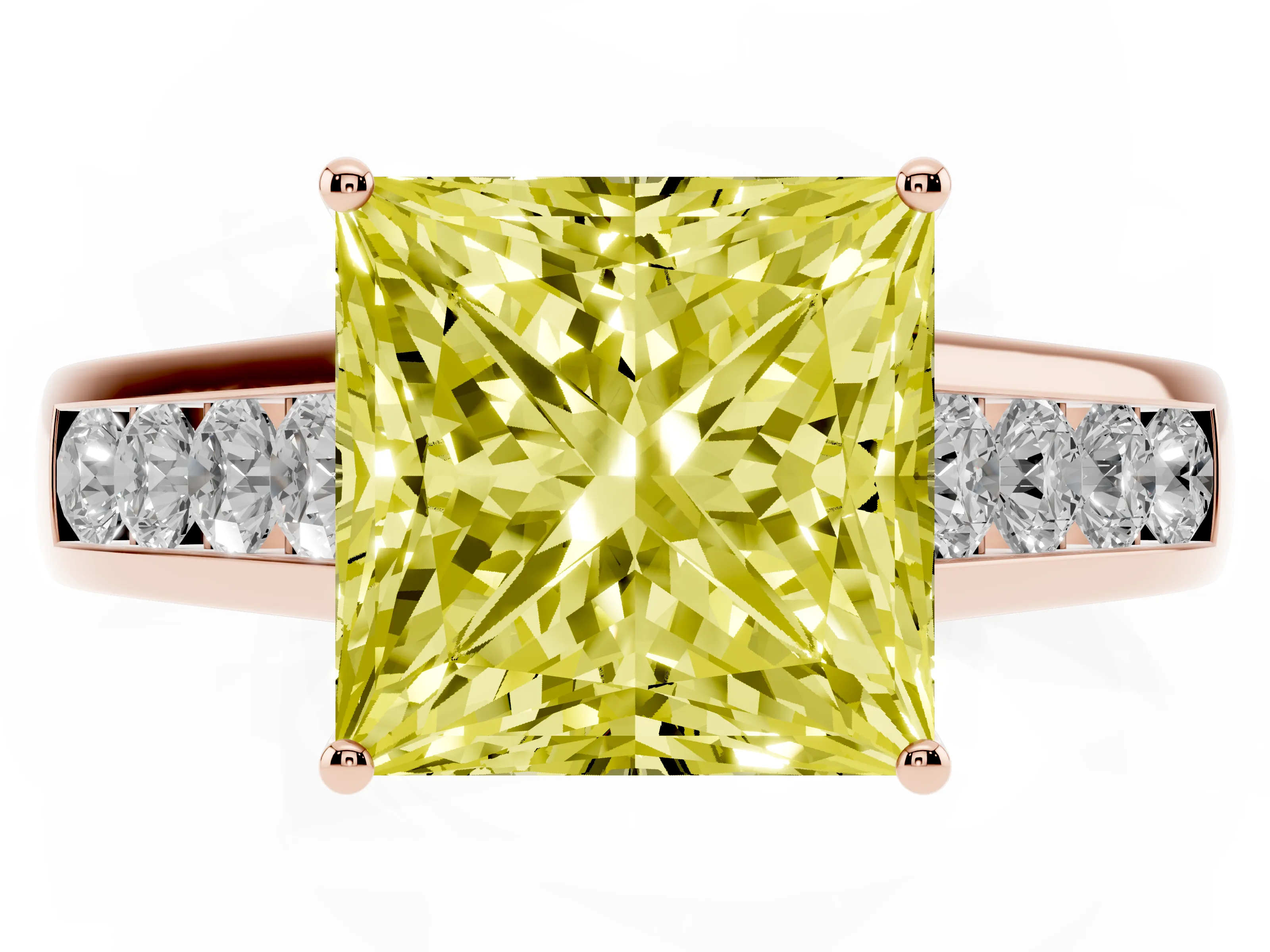 Fancy Yellow Princess Cut Diamond Solitaire Channel-Set Engagement Ring Set in Rose gold with Prong Setting