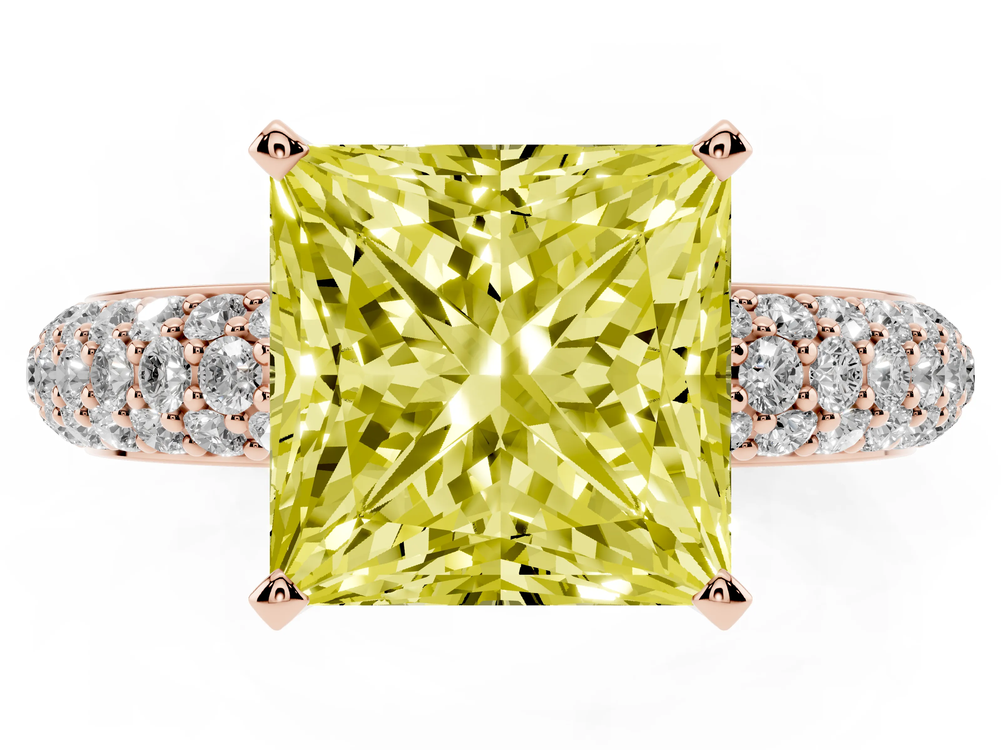 Fancy Yellow Princess Cut Diamond Solitaire Ring Set in Rose gold with Prong Setting and Pavé-Set Band