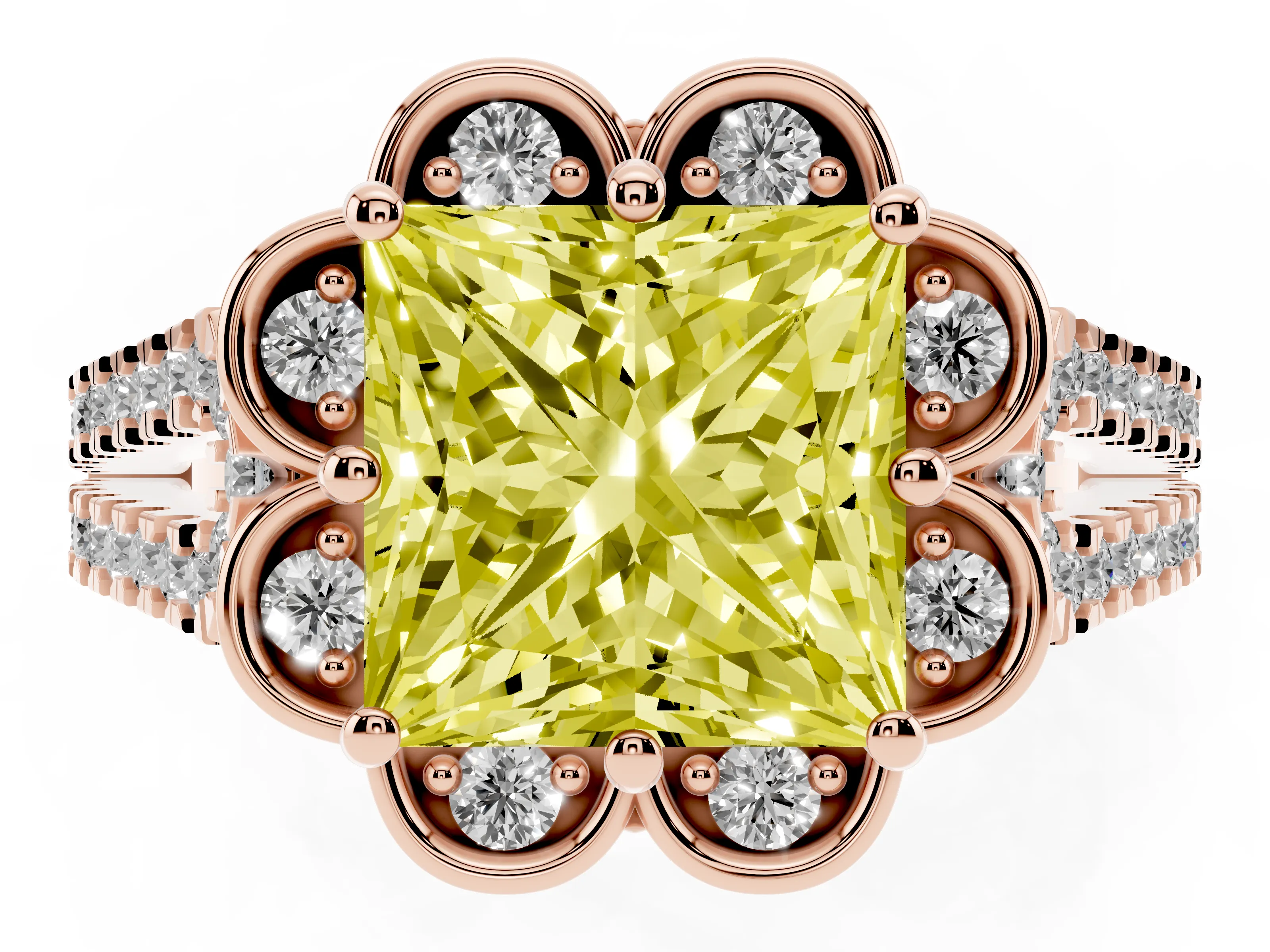 Fancy Yellow Princess Cut Diamond Floral Halo Split Shank Engagement Ring Set in Rose gold with Pavé Shank