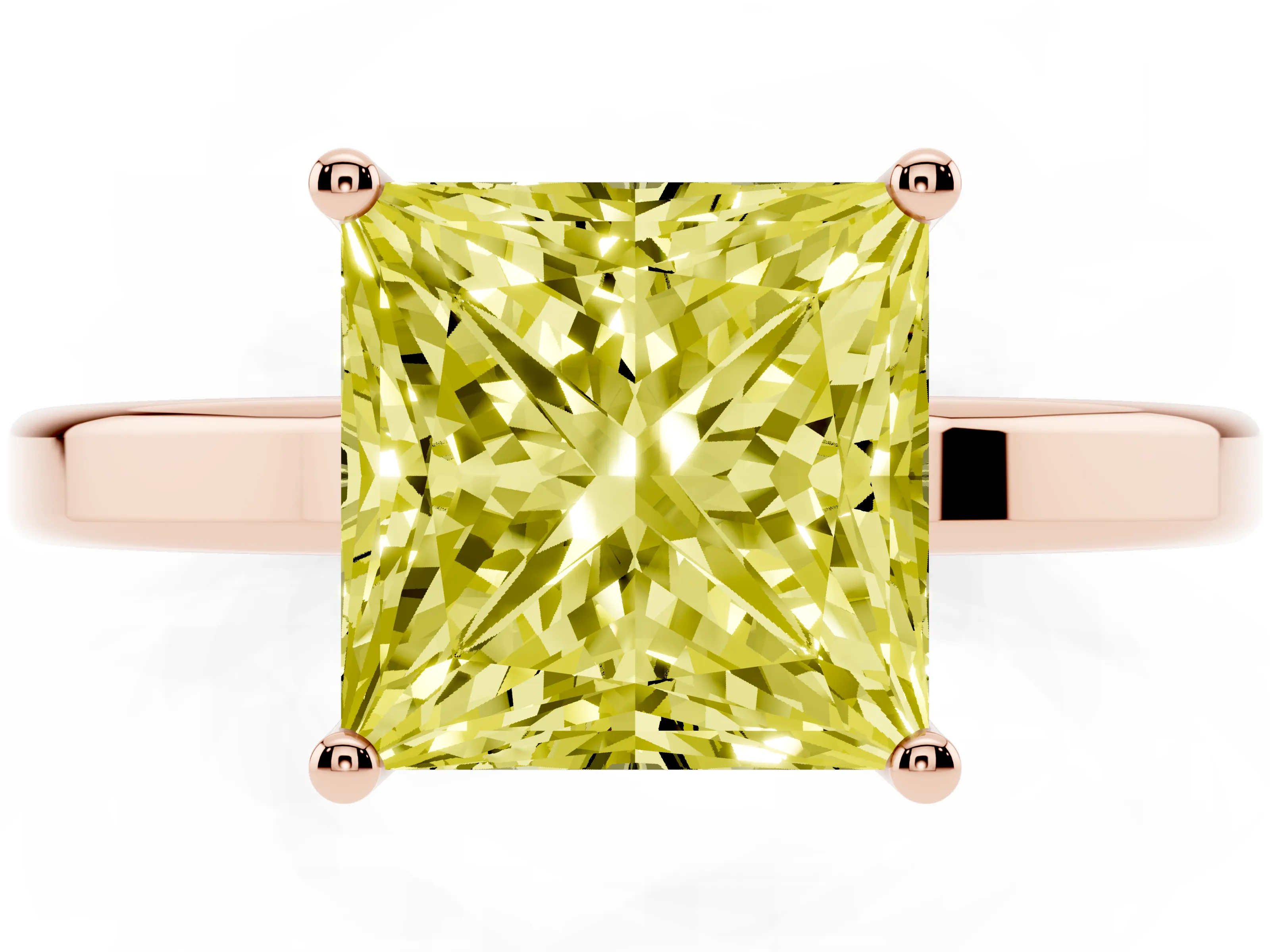 Fancy Yellow Princess Cut Diamond Solitaire Engagement Ring Set in Rose gold with Prong Setting on a Plain Band