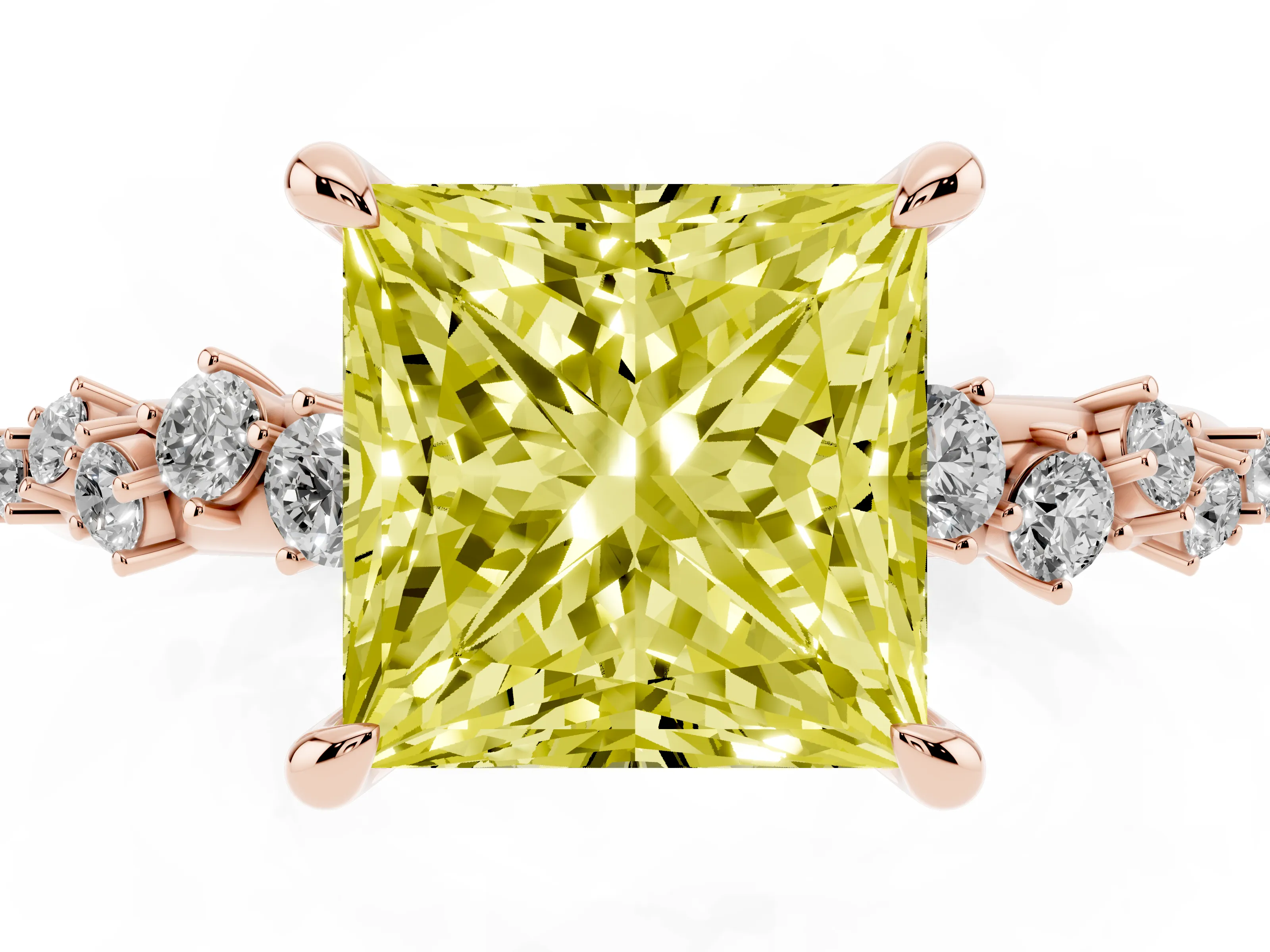 Fancy Yellow Princess Cut Diamond Solitaire Vine Band Ring Set in Rose gold with Round Accents and Prong Setting