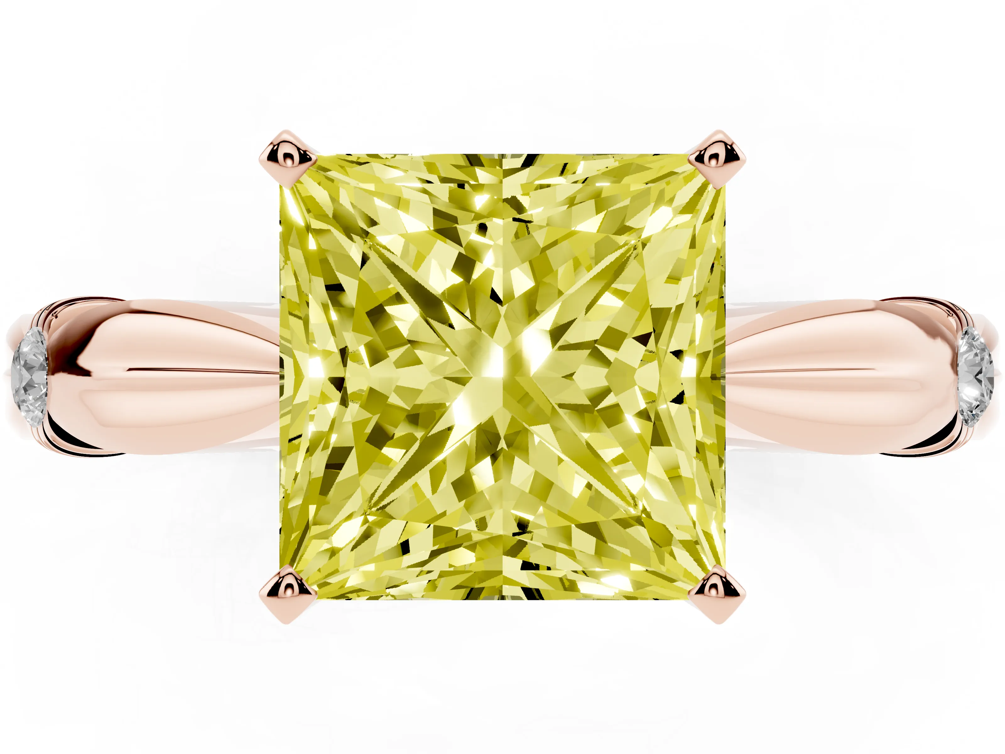 Fancy Yellow Princess Cut Diamond Solitaire Twisted Band Ring Set in Rose gold with Accent Stones and Prong Setting