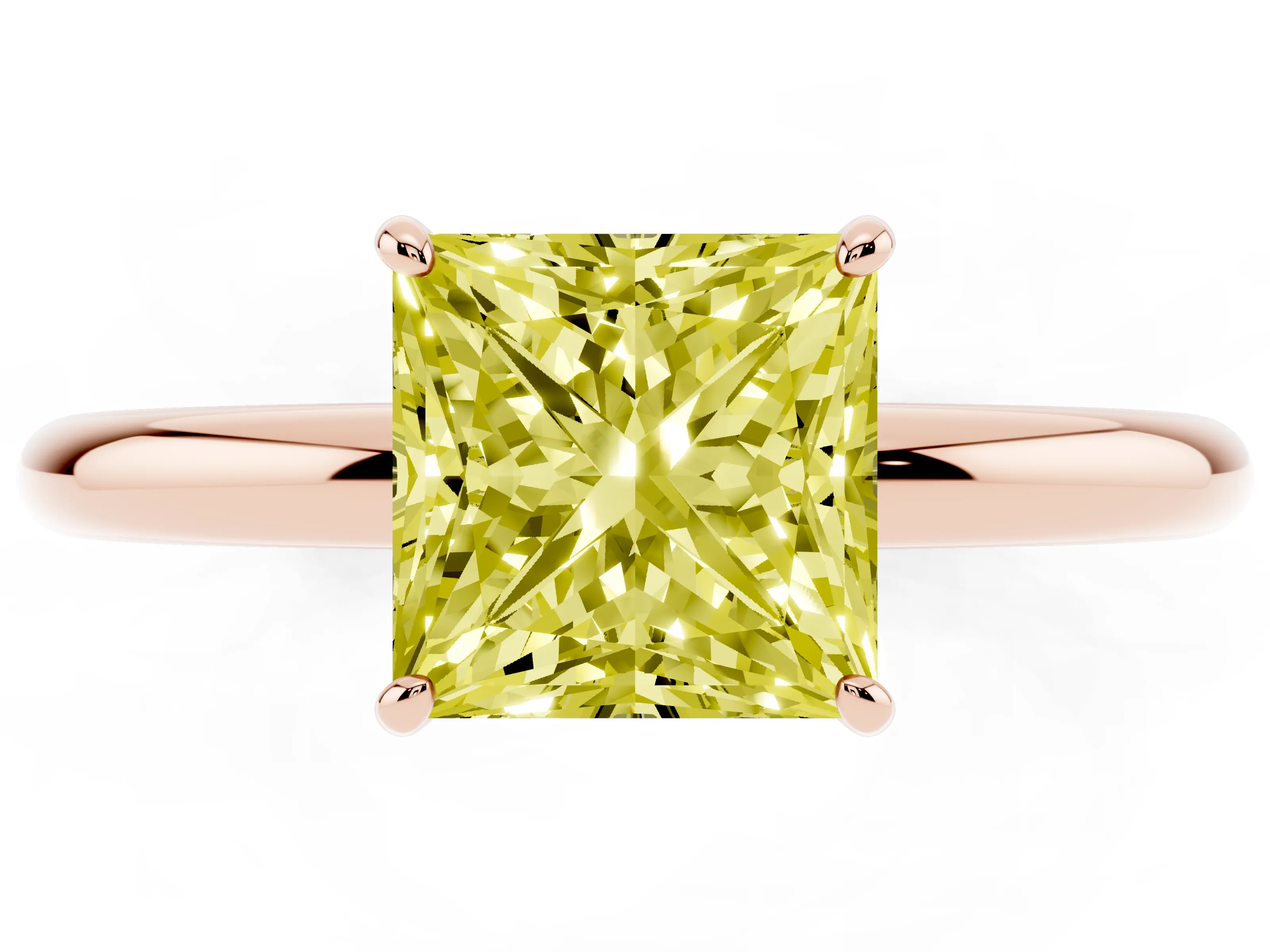 Fancy Yellow Princess Cut Diamond Solitaire Ring Set in Rose gold with Prong Setting on a Polished Plain Band