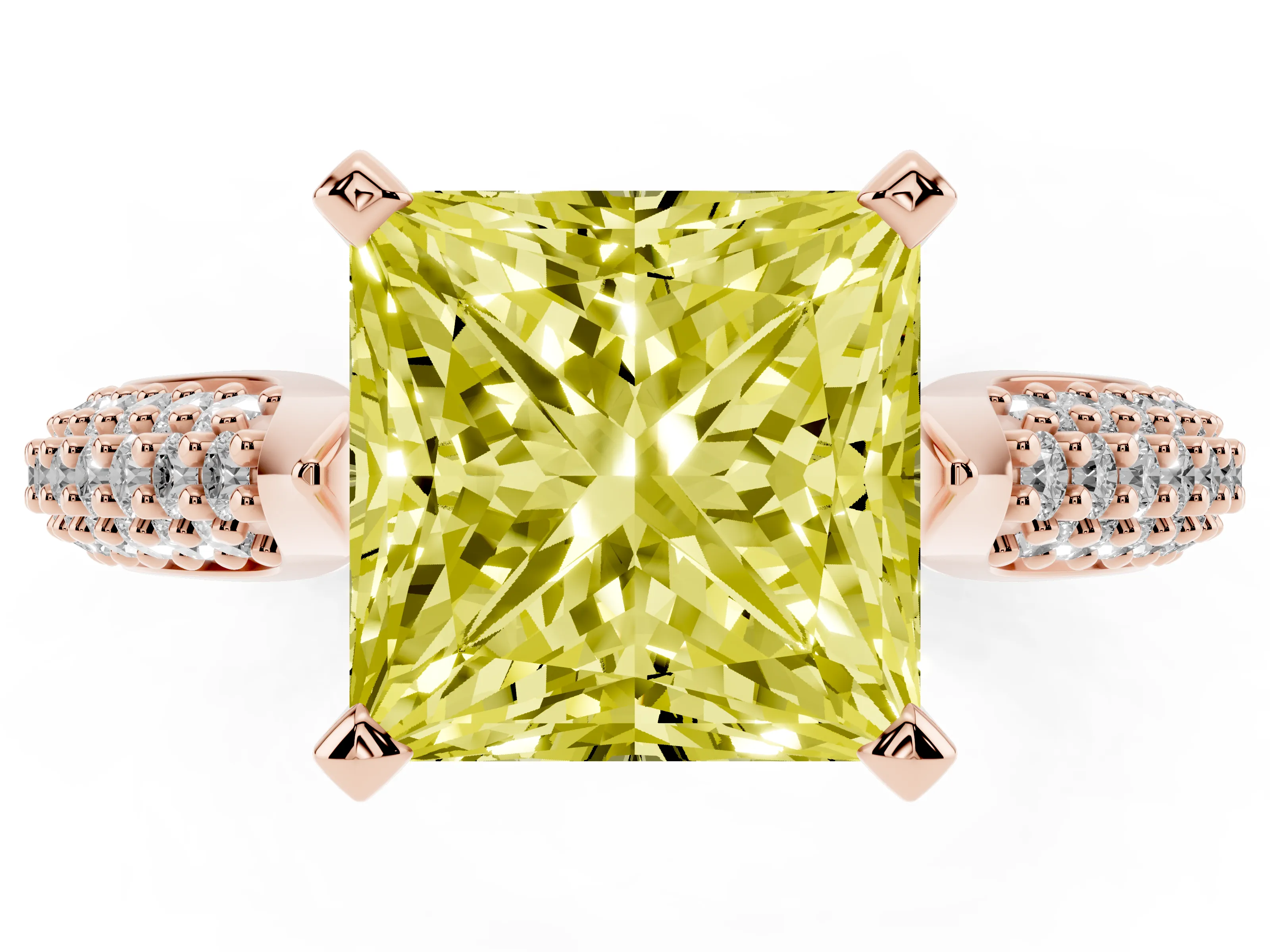 Fancy Yellow Princess Cut Diamond Solitaire Engagement Ring Set in Rose gold with Multi-Row Round Pavé Band and Prong Setting