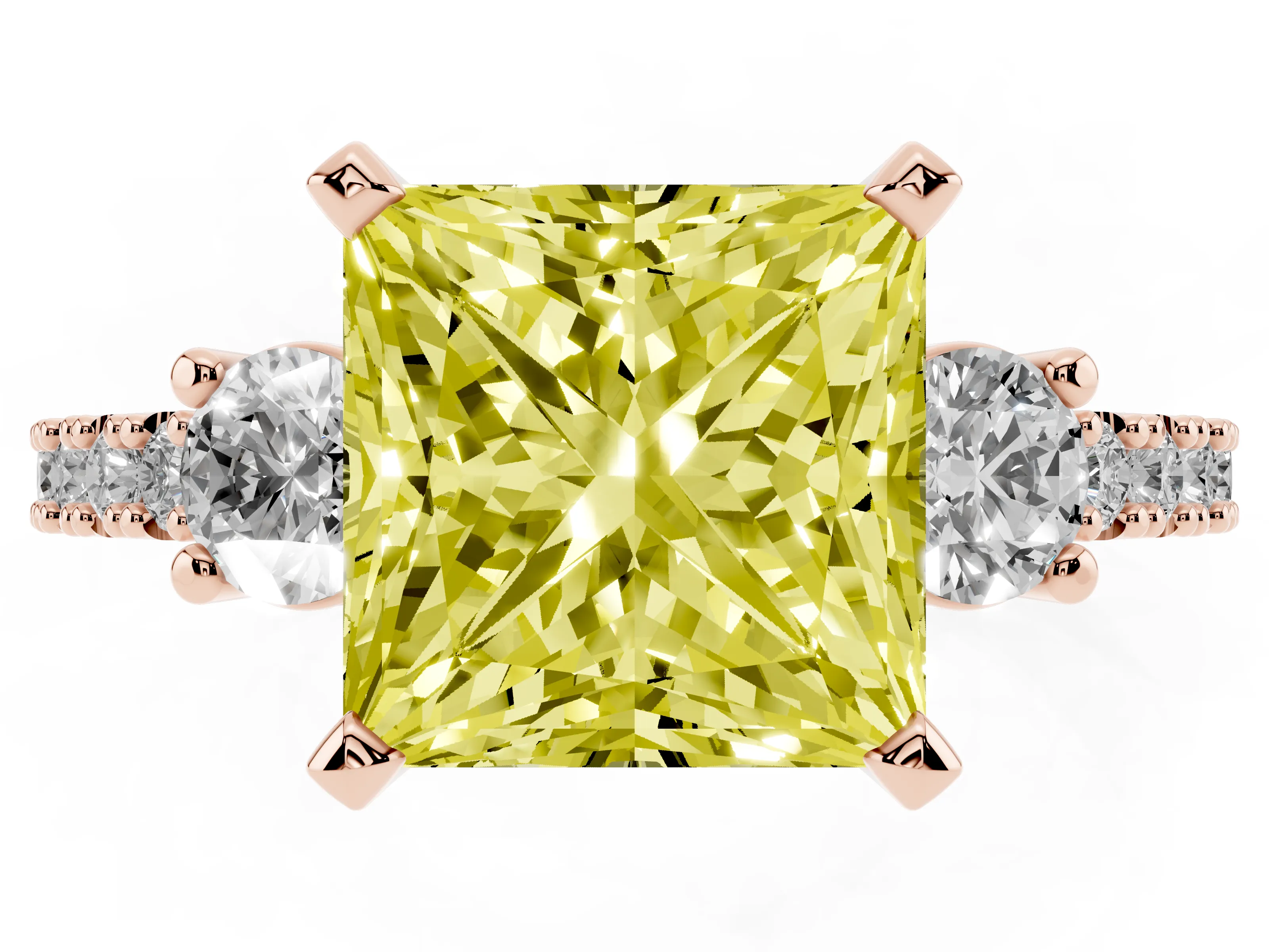 Fancy Yellow Three-Stone Princess Cut Diamond Pavé Band Ring Set in Rose gold with Prong Setting