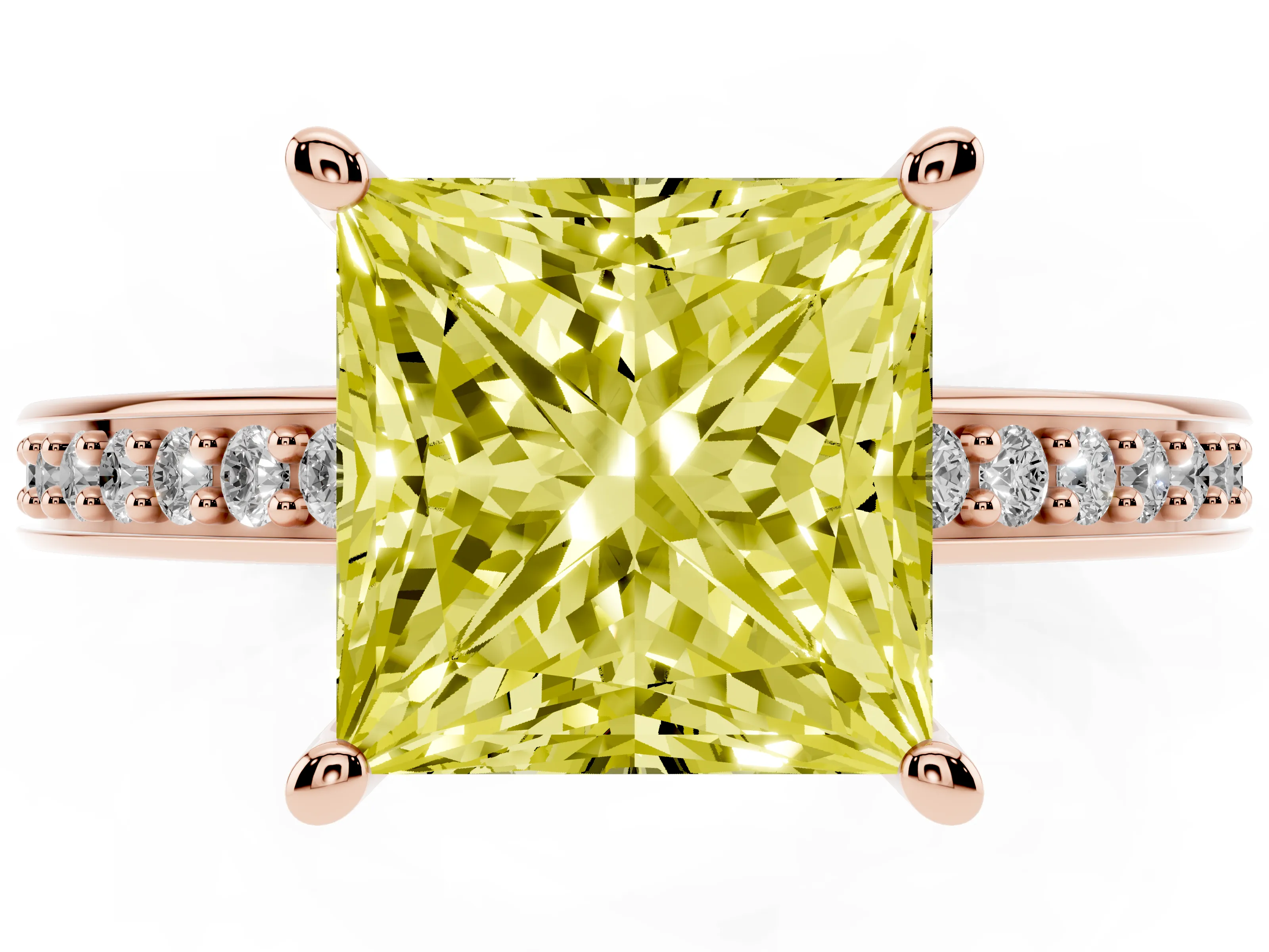 Fancy Yellow Princess Cut Diamond Pavé Band Prong Set Solitaire Ring Set in Rose gold