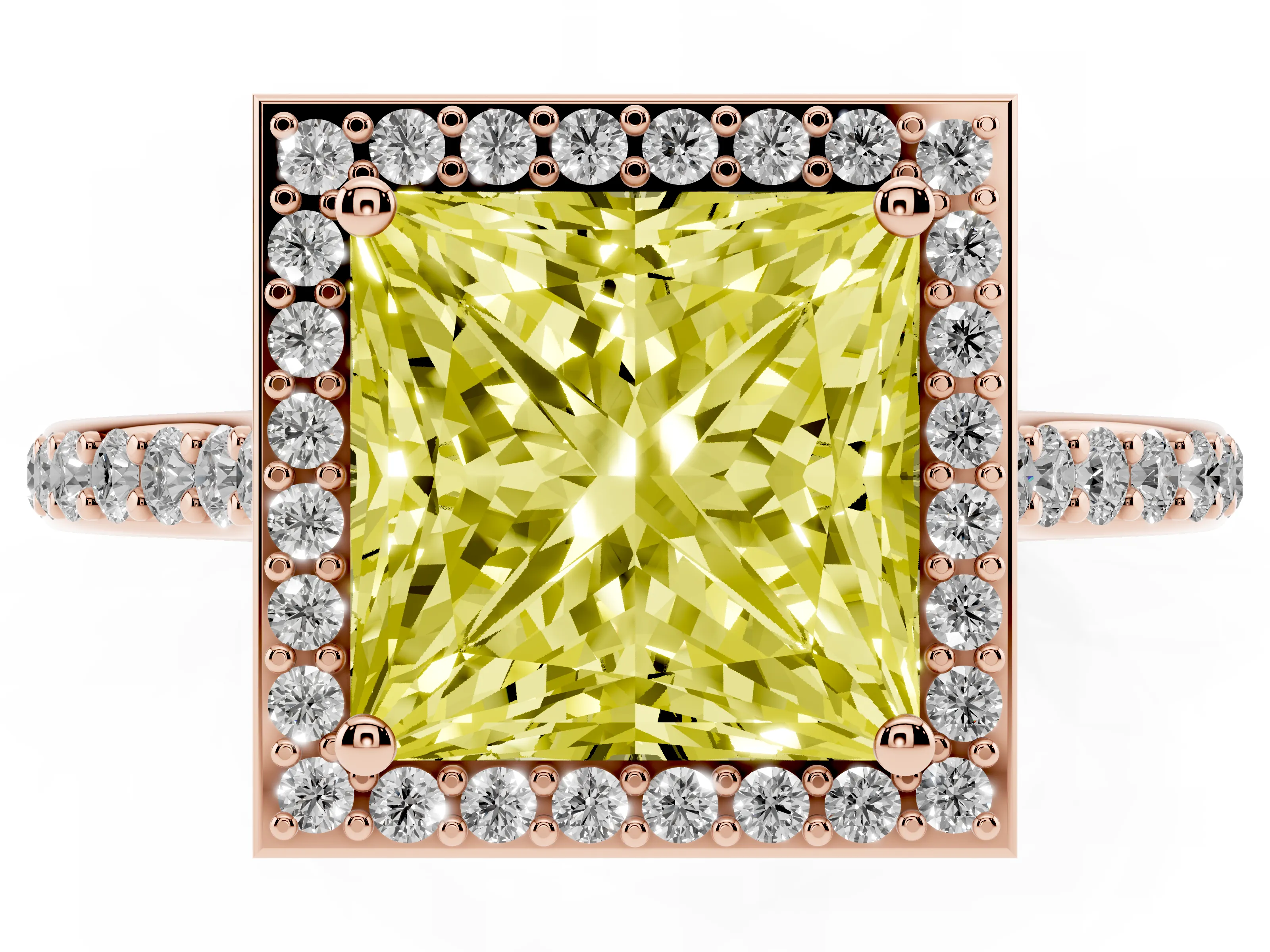 Fancy Yellow Princess Cut Diamond Halo Engagement Ring Set in Rose gold with Round Pavé Shoulders and Heart Gallery