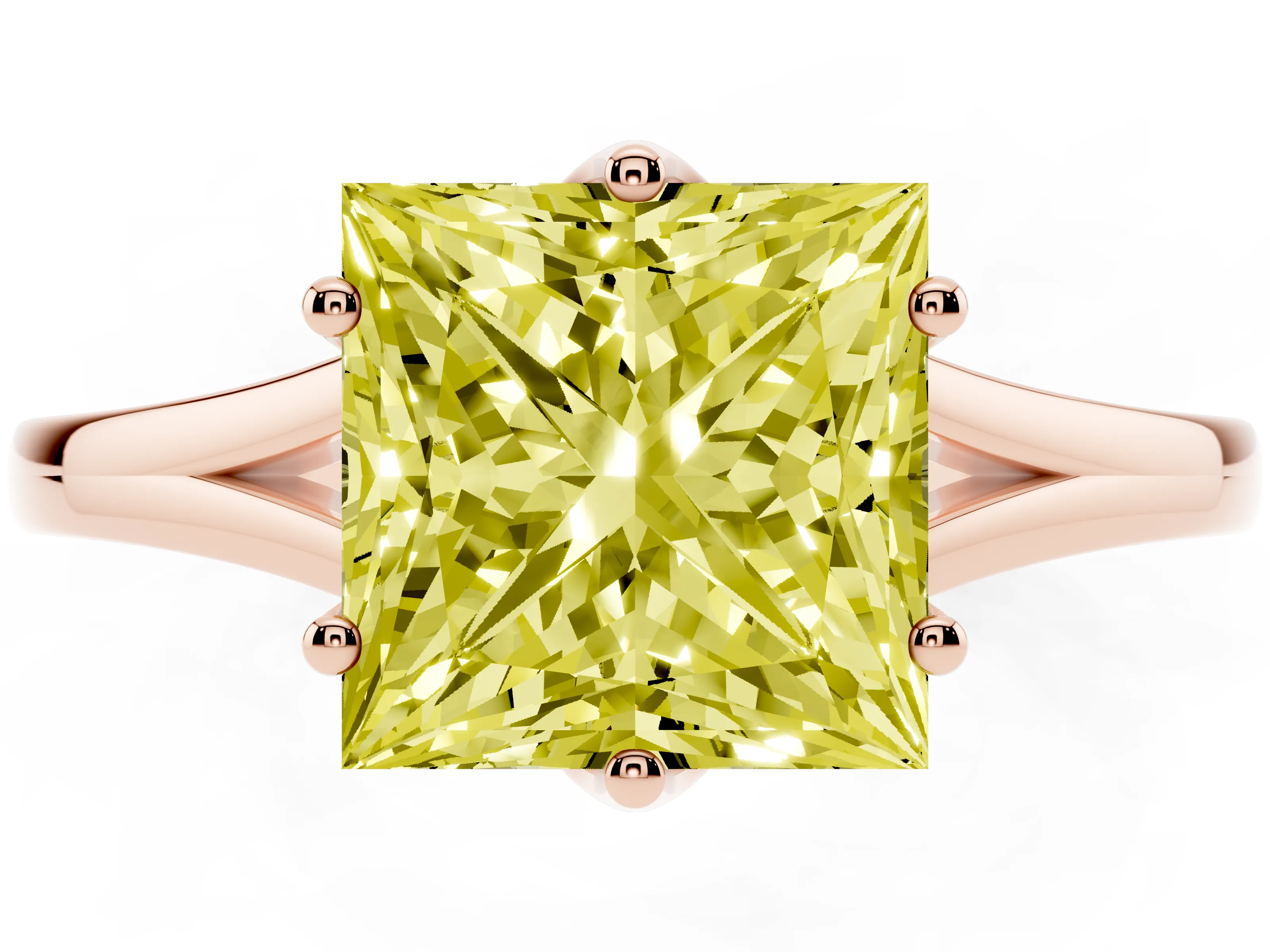 Fancy Yellow Princess Cut Diamond Solitaire Ring Set in Rose gold with Polished Tapered Band and Prong Setting