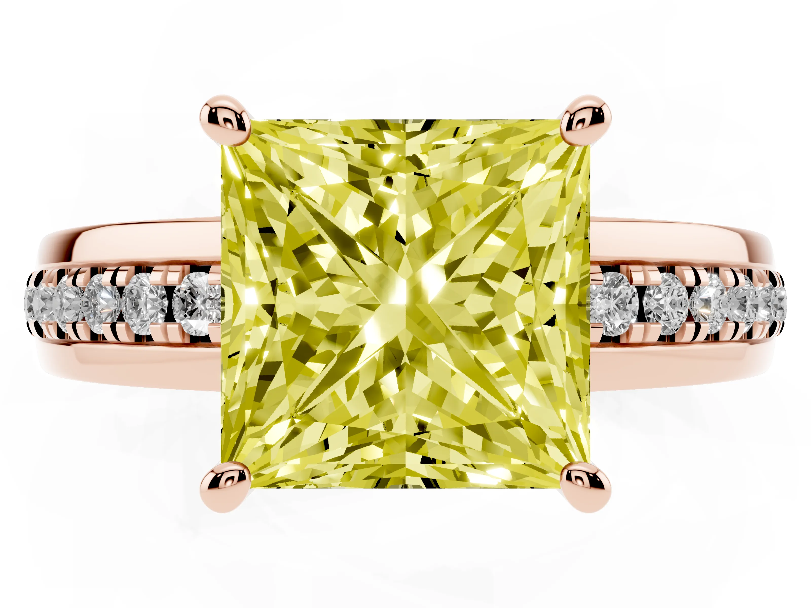 Fancy Yellow Princess Cut Diamond Solitaire Ring Set in Rose gold with Channel Set Band and Prong Setting