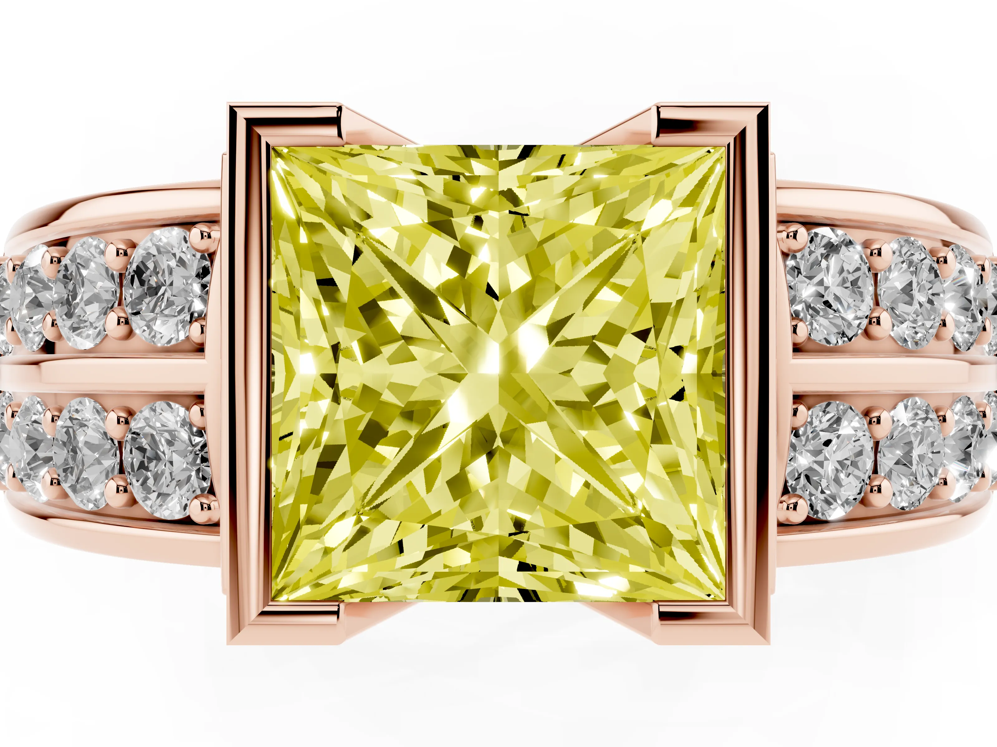 Fancy Yellow Princess Cut Diamond Wide Channel Set Band Ring Set in Rose gold with Bezel Setting