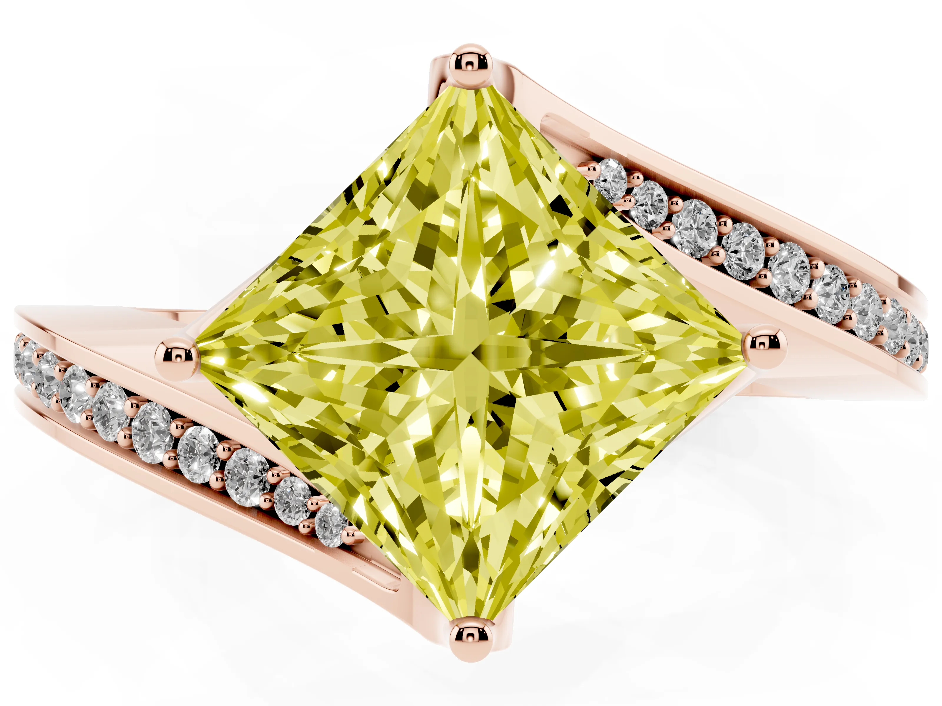 Fancy Yellow Princess Cut Diamond Solitaire Ring Set in Rose gold with Intertwined Pavé Twist Band