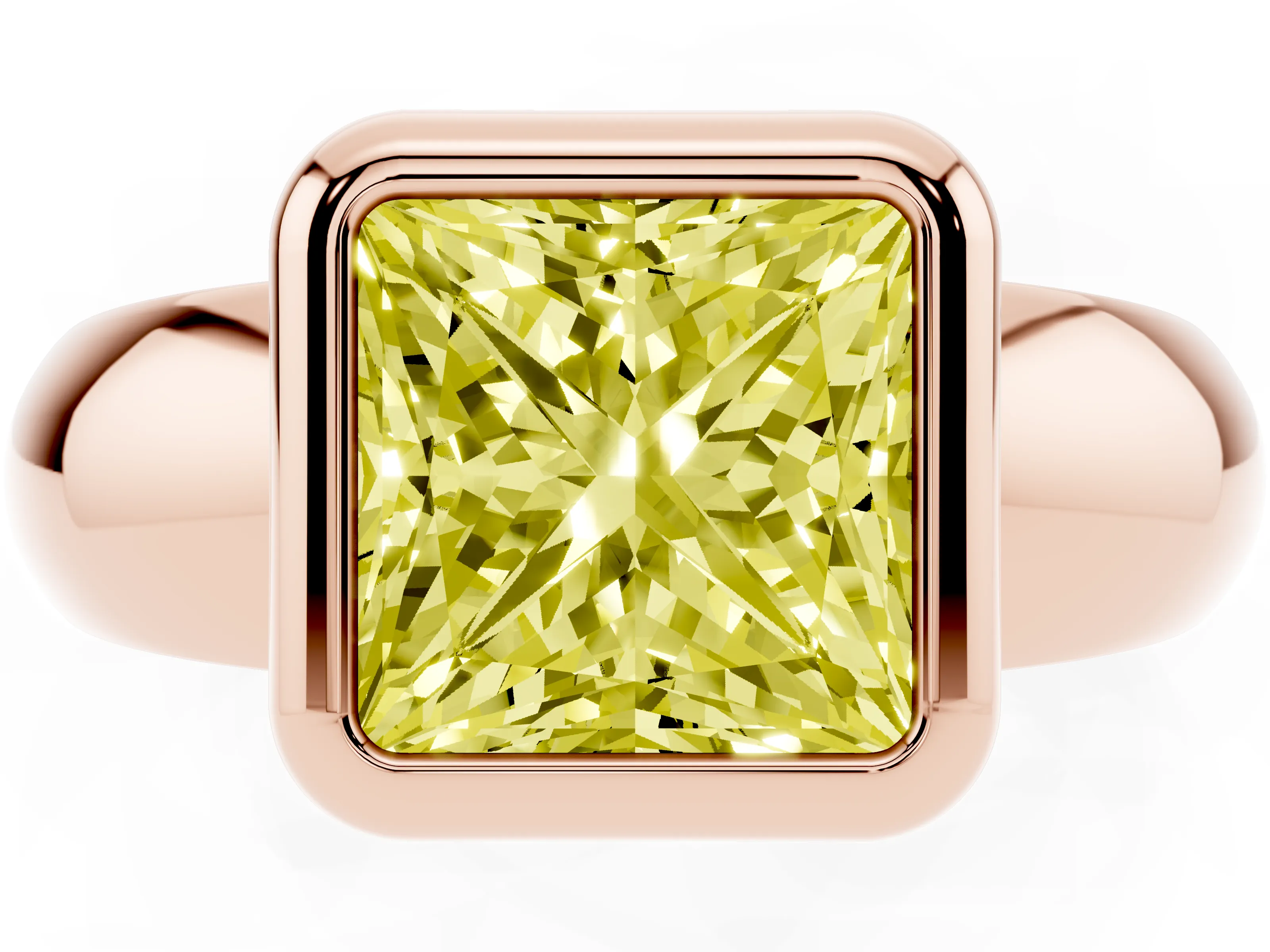 Fancy Yellow Bezel Set Princess Cut Diamond Solitaire Ring Set in Rose gold with Wide Band