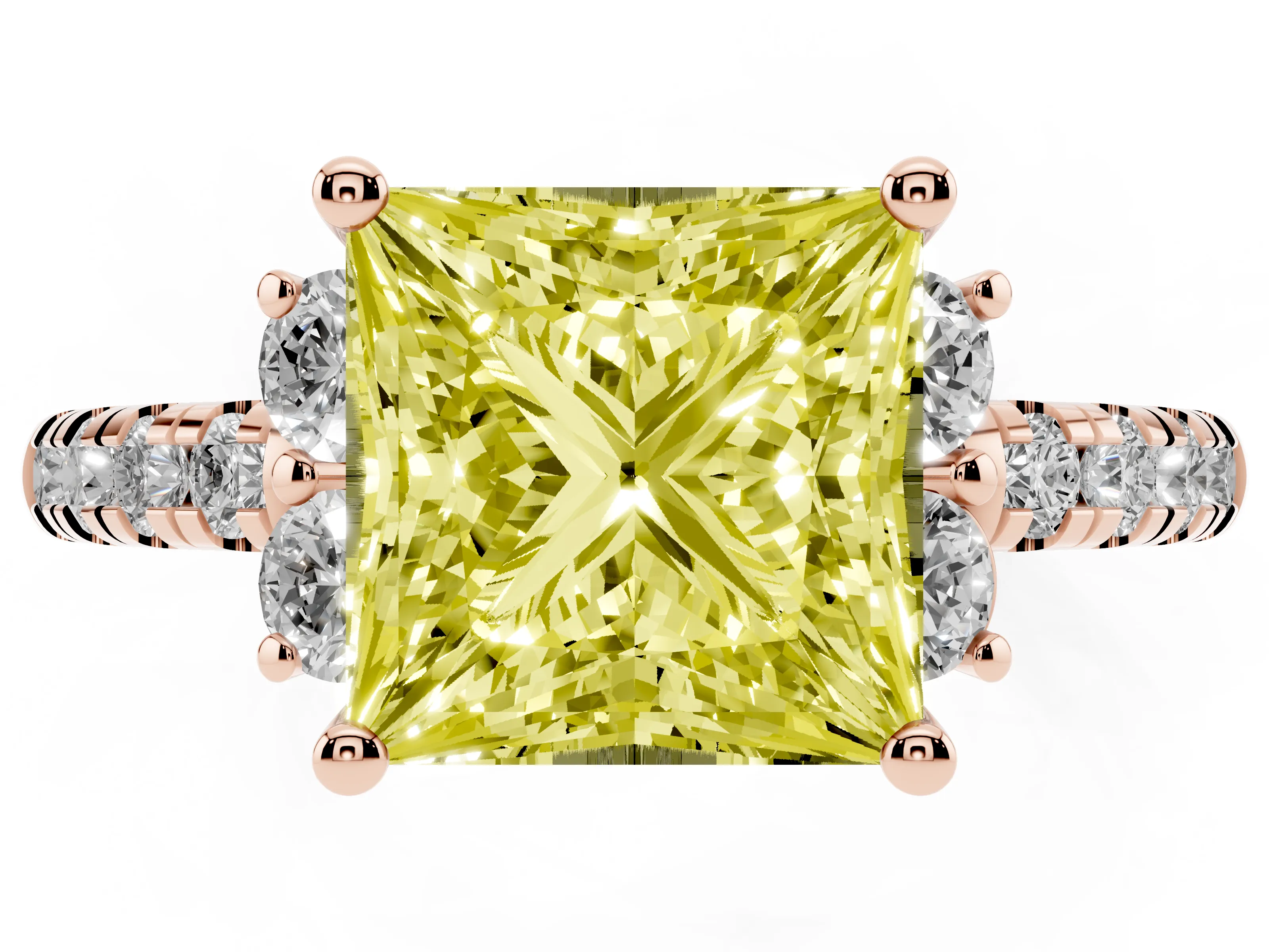 Fancy Yellow Princess Cut Diamond Three-Stone Pavé Ring Set in Rose gold with Prong Setting
