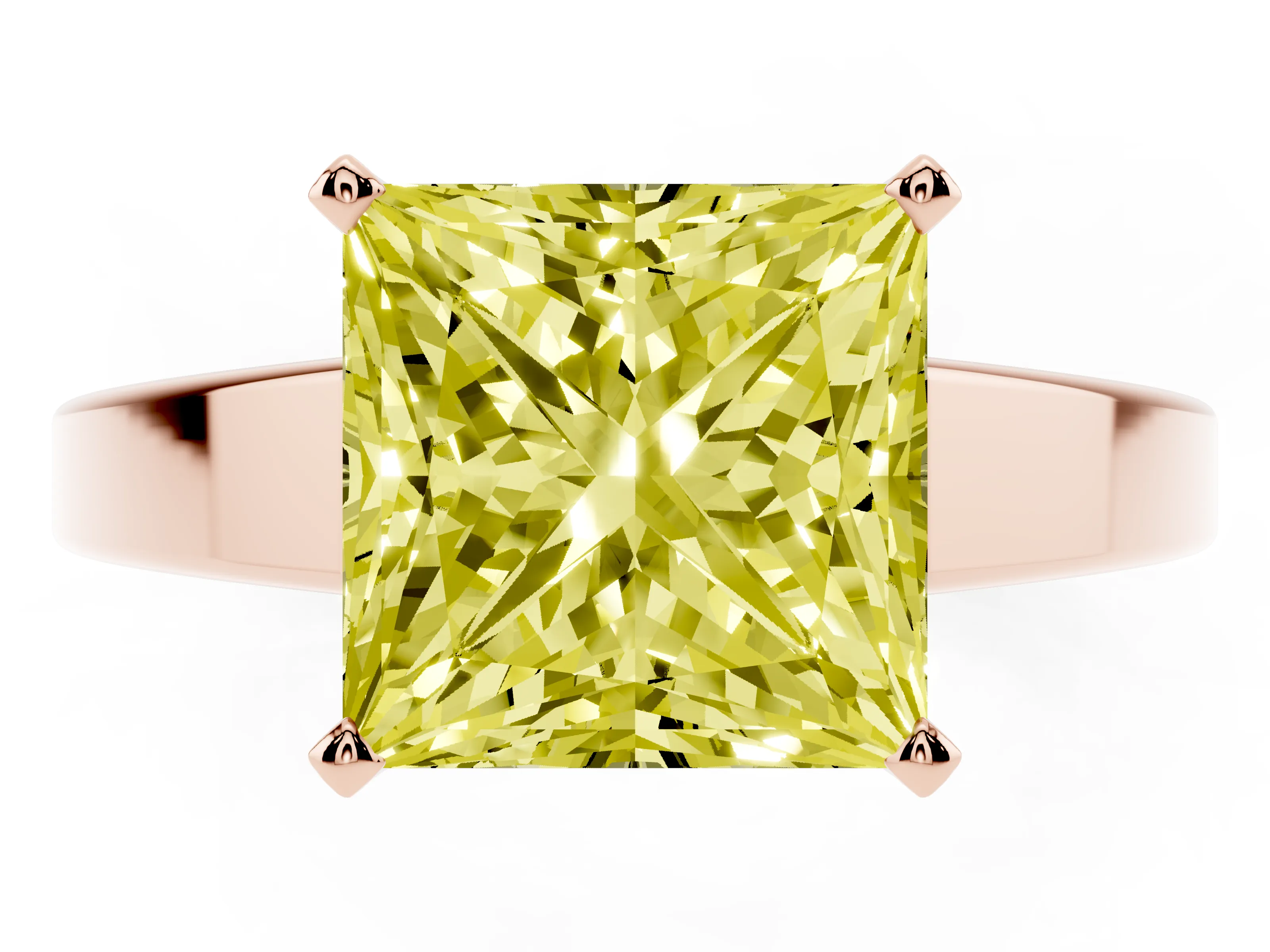 Fancy Yellow Princess Cut Diamond Solitaire Engagement Ring Set in Rose gold with Prong Setting and Tapered Band