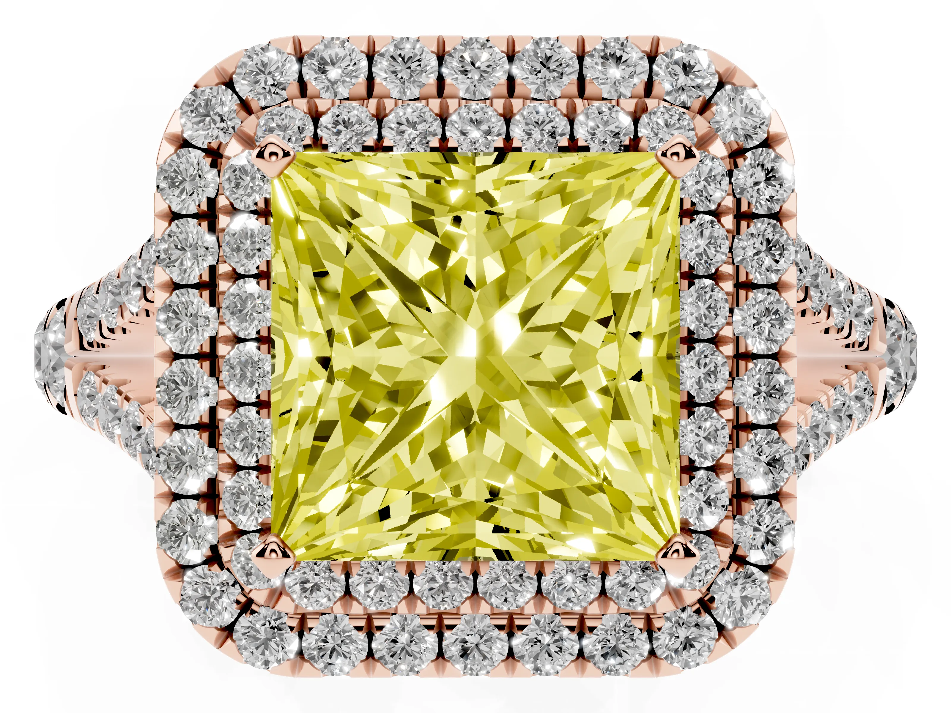 Fancy Yellow Princess Cut Diamond Pavé Split Shank Double Halo Engagement Ring Set in Rose gold