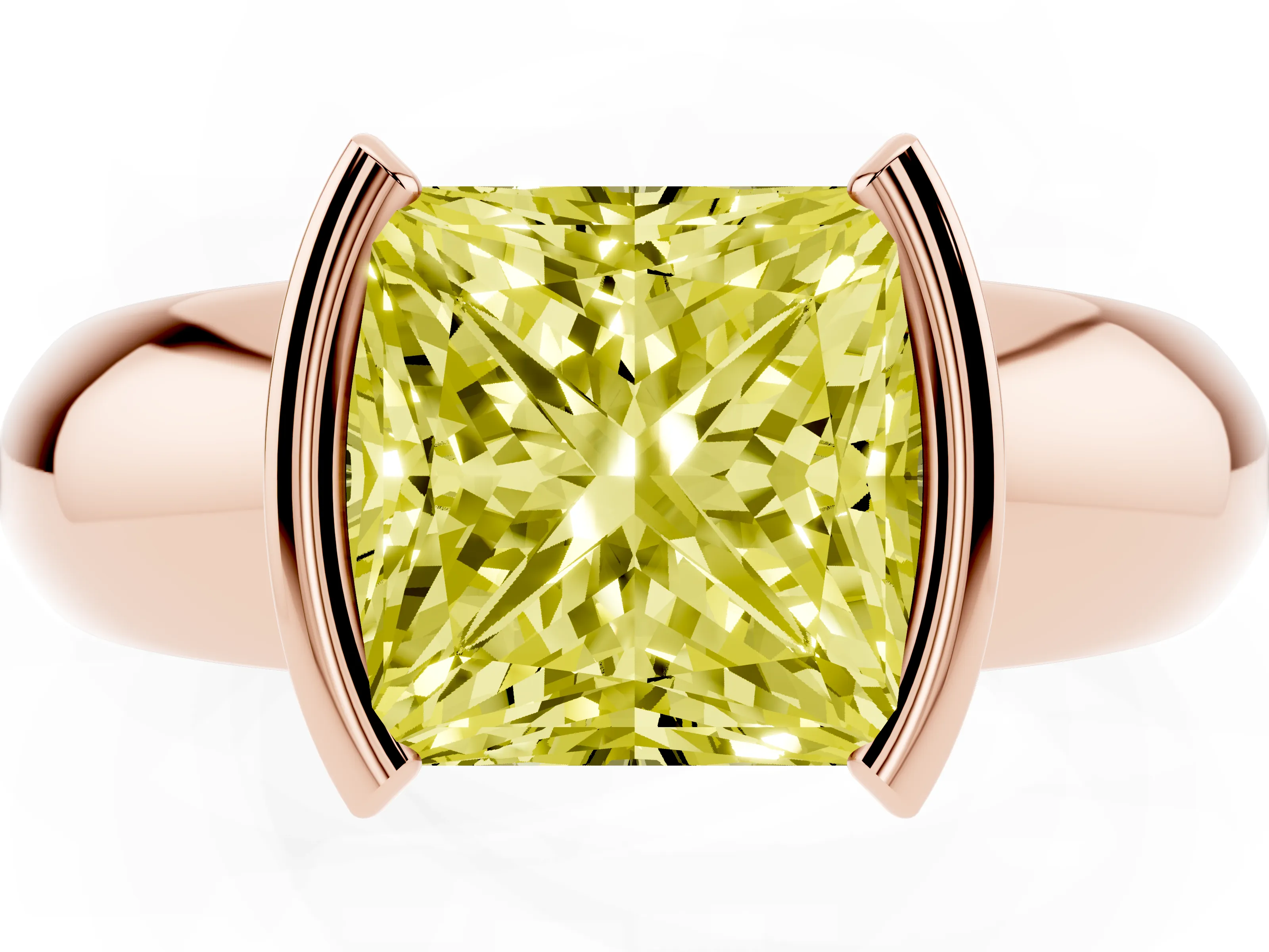 Fancy Yellow Princess Cut Diamond Solitaire Tension Set Ring Set in Rose gold with Wide Band