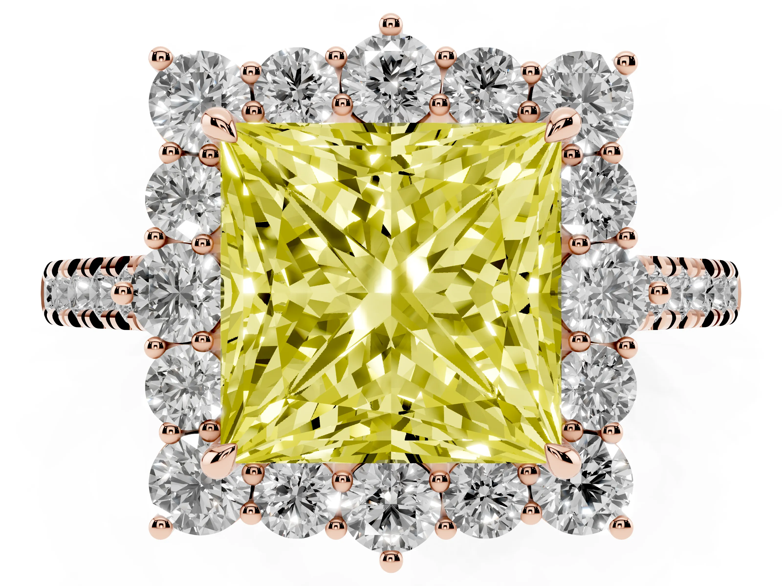 Fancy Yellow Princess Cut Diamond Halo Ring Set in Rose gold with Pavé Band and Prong Setting