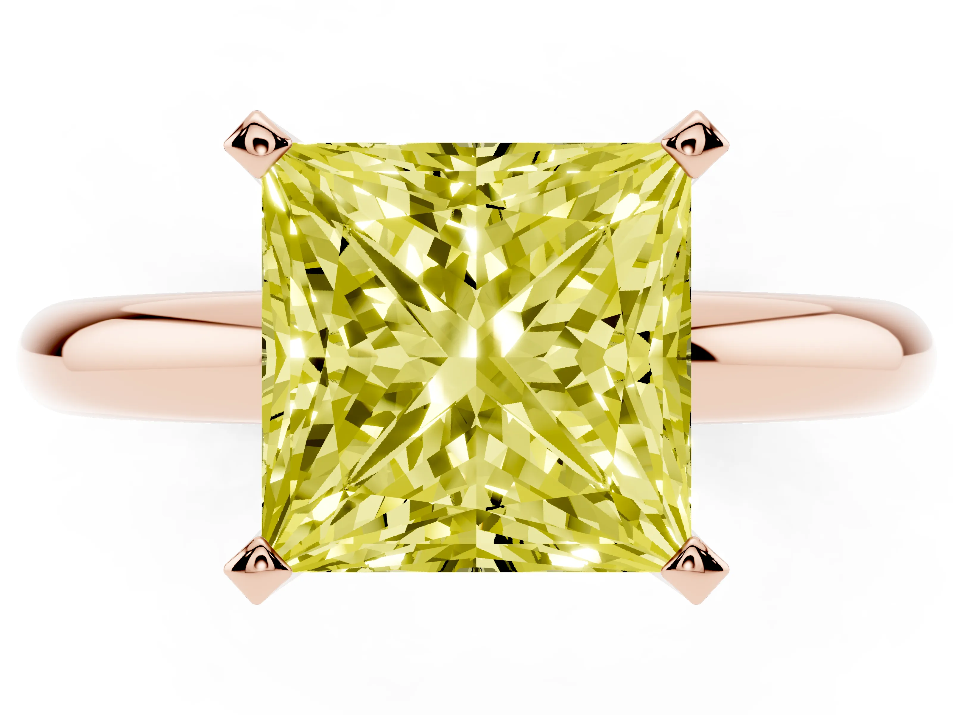 Fancy Yellow Princess Cut Diamond Solitaire Engagement Ring Set in Rose gold with Round Band and Prong Setting
