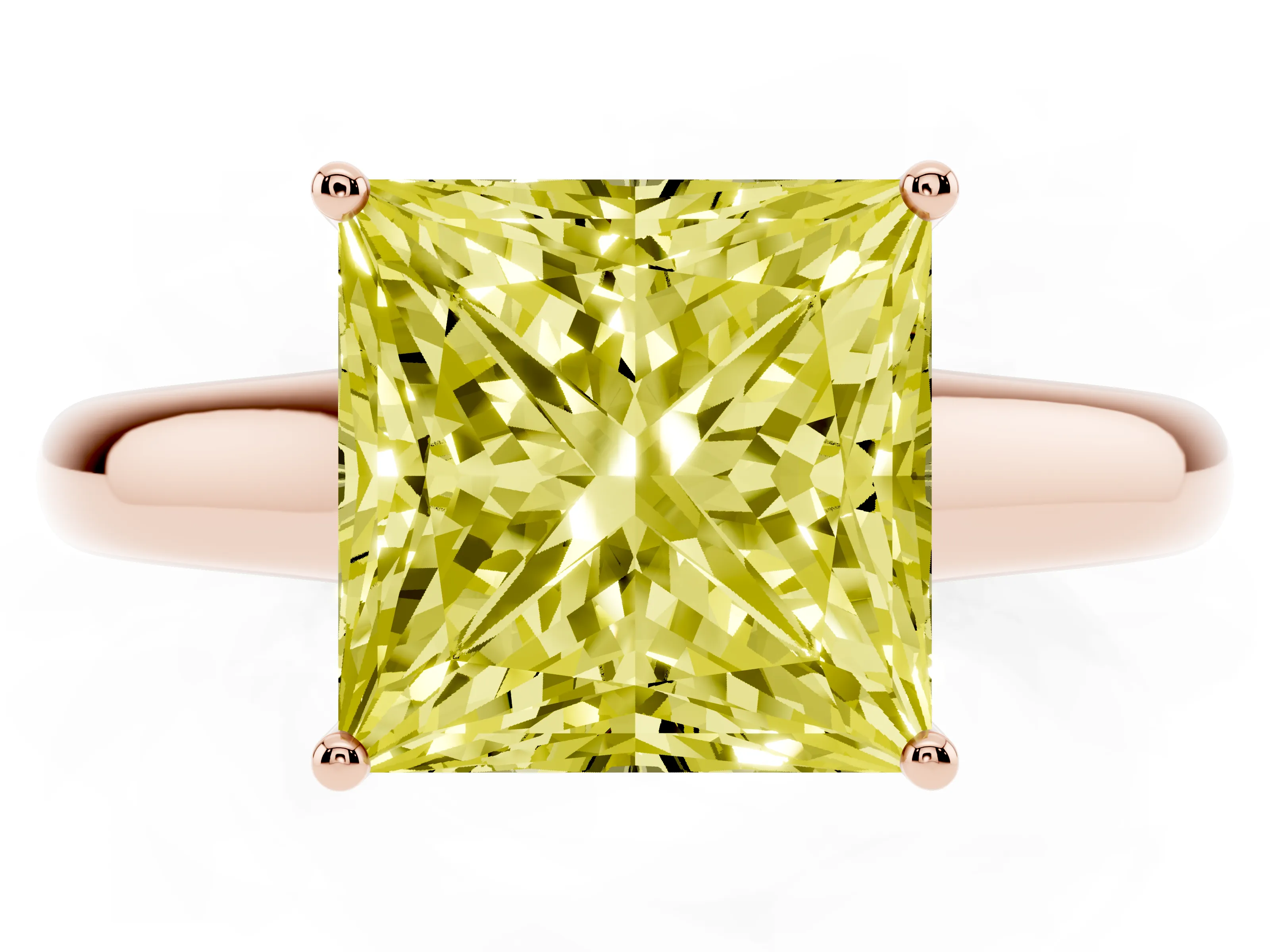 Fancy Yellow Princess Cut Diamond Solitaire Engagement Ring Set in Rose gold with Subtly Tapered Band and Prong Setting