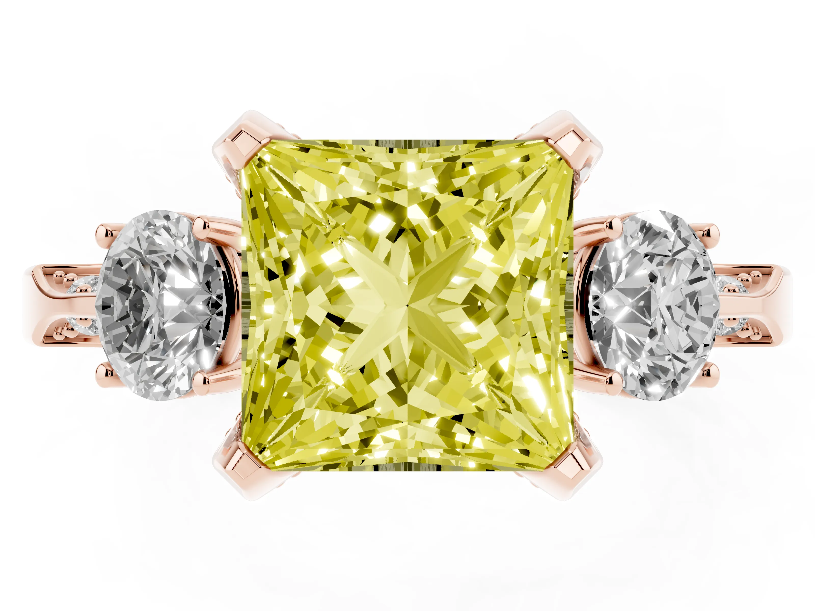 Fancy Yellow Princess Cut Diamond Three-Stone Ring Set in Rose gold with Pavé Band and Smaller Side Stones