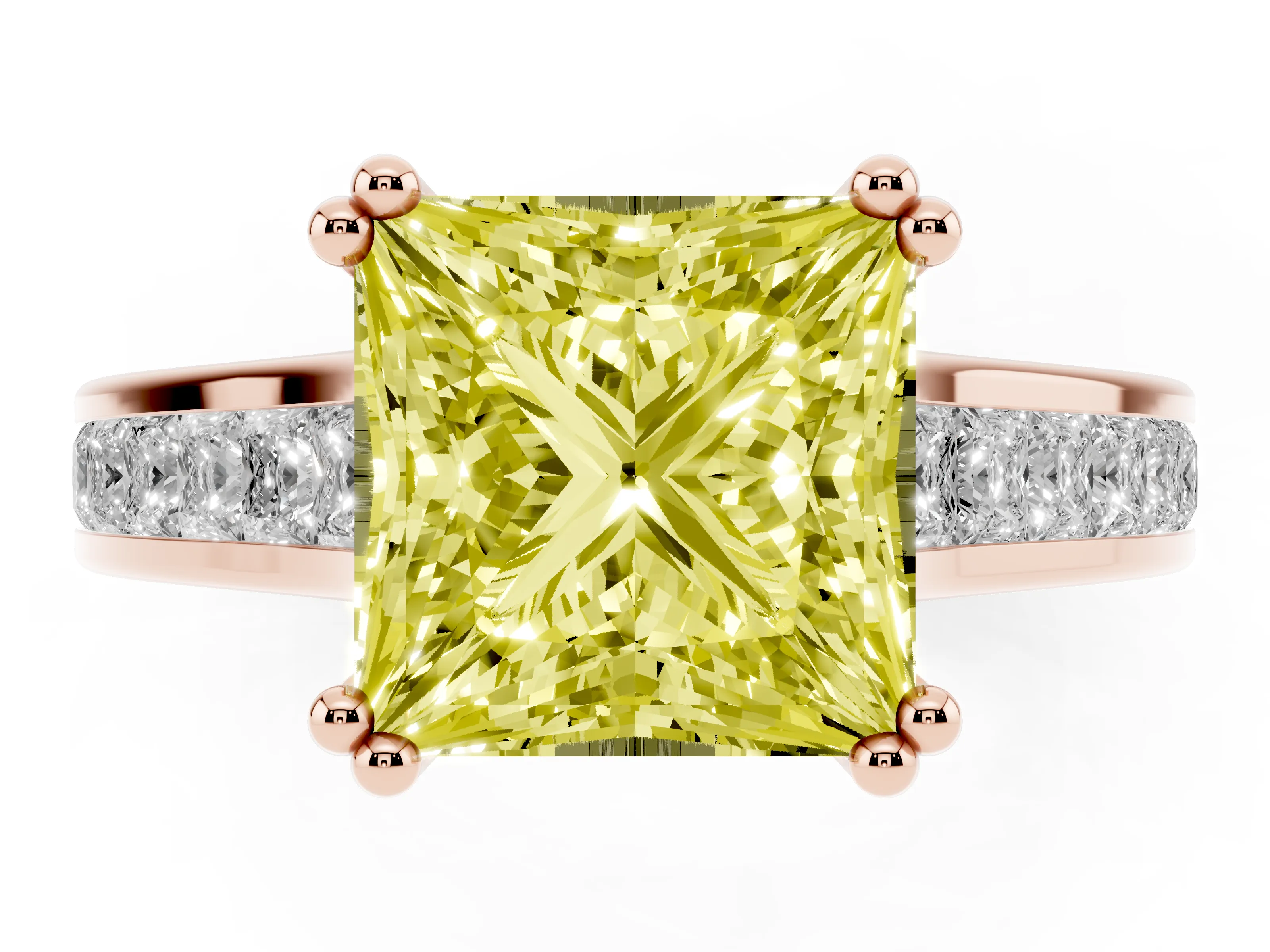 Fancy Yellow Princess Cut Diamond Channel Set Solitaire Engagement Ring Set in Rose gold with Prong Setting