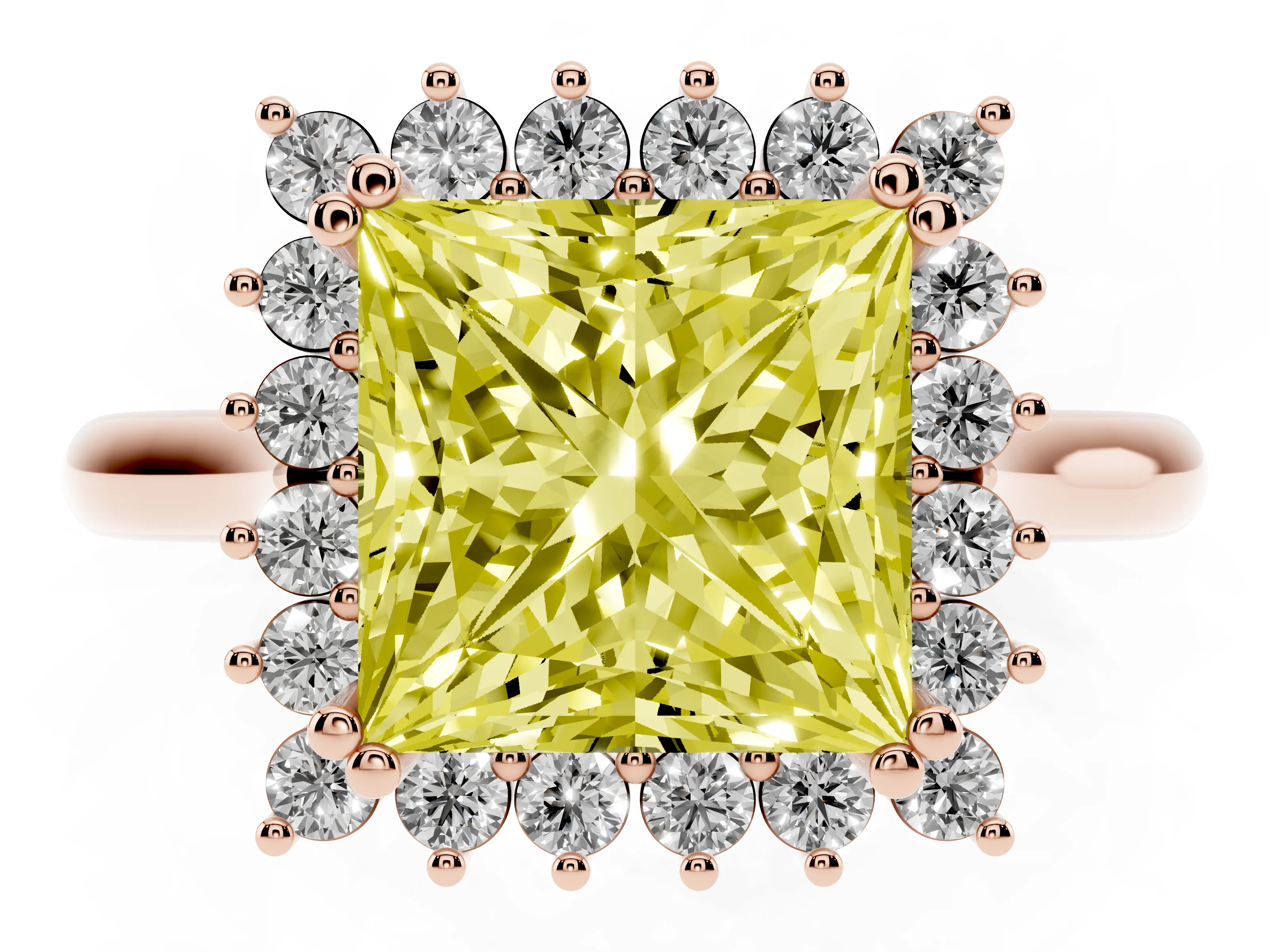 Fancy Yellow Princess Cut Diamond Halo Ring Set in Rose gold with Plain Solitaire Band and Prong Setting
