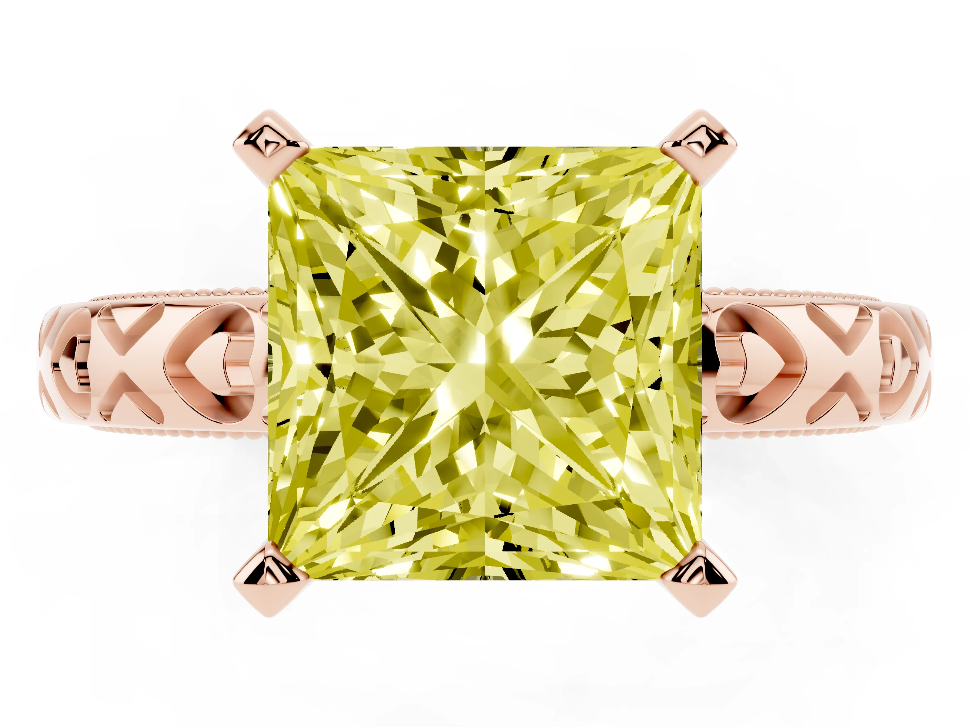 Fancy Yellow Princess Cut Diamond Solitaire Engagement Ring Set in Rose gold with XO Engraved Band and Prong Setting