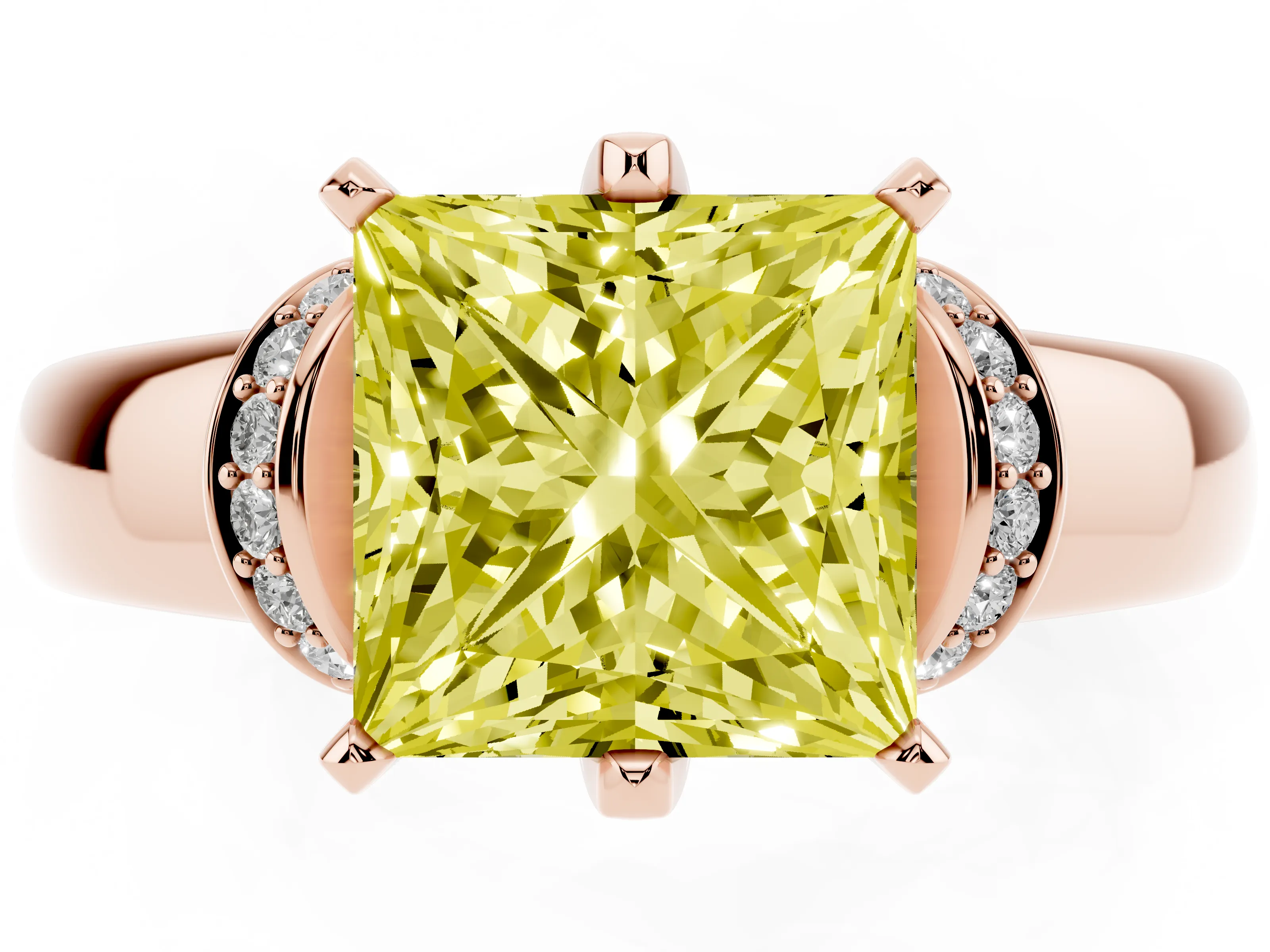 Fancy Yellow Princess Cut Diamond Pavé Band Solitaire Ring Set in Rose gold with Prong Setting