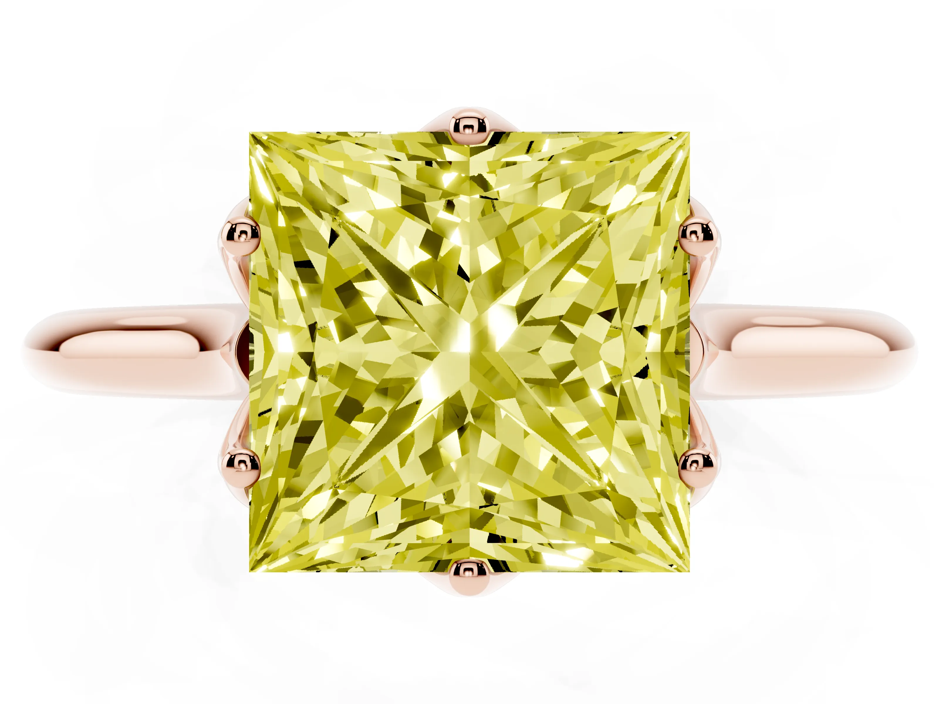 Fancy Yellow Princess Cut Diamond Solitaire Cathedral Ring Set in Rose gold with Prong Setting