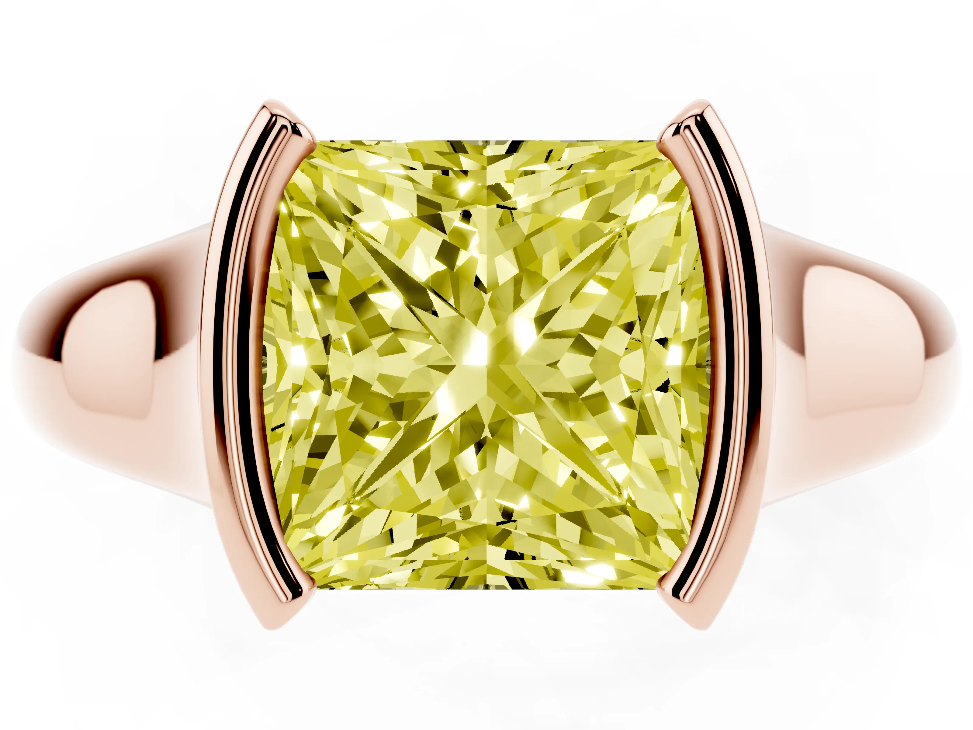 Fancy Yellow Princess Cut Diamond Solitaire Tension Set Ring Set in Rose gold with Split Shank Band