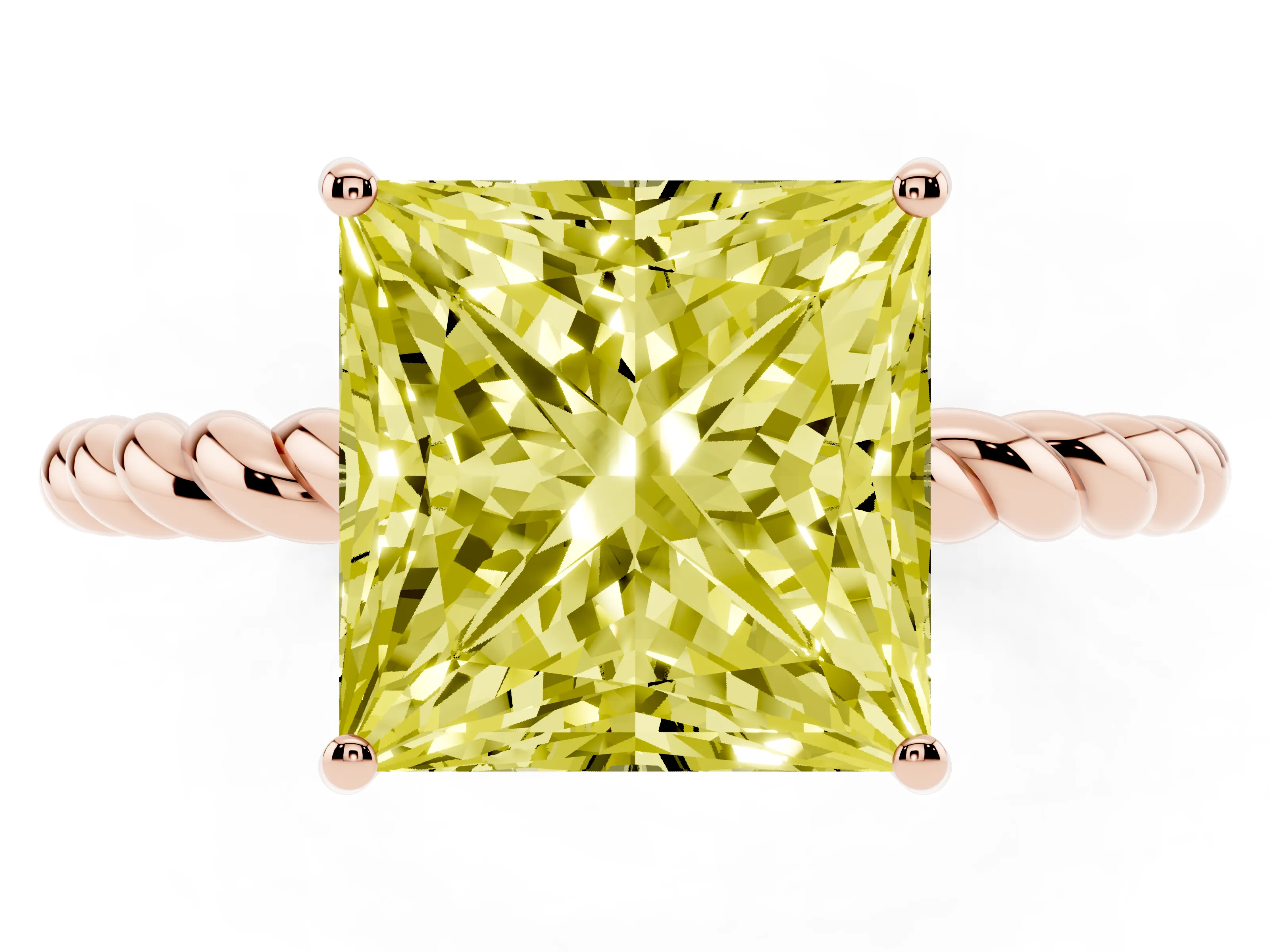 Fancy Yellow Princess Cut Diamond Solitaire Ring Set in Rose gold with Twist Band and Prong Setting