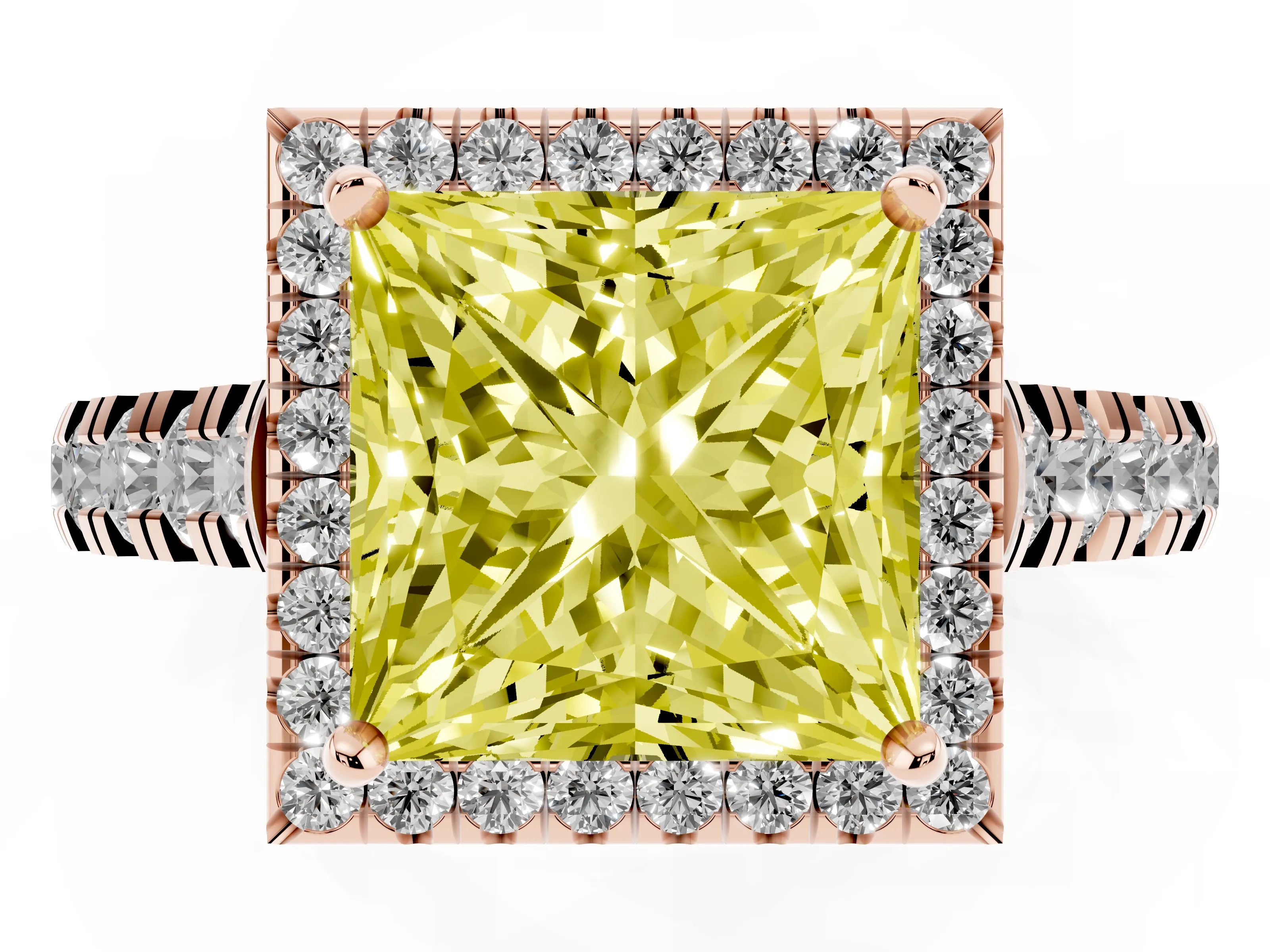 Fancy Yellow Princess Cut Diamond Halo Engagement Ring Set in Rose gold with Pavé Band and Prong-Set Center