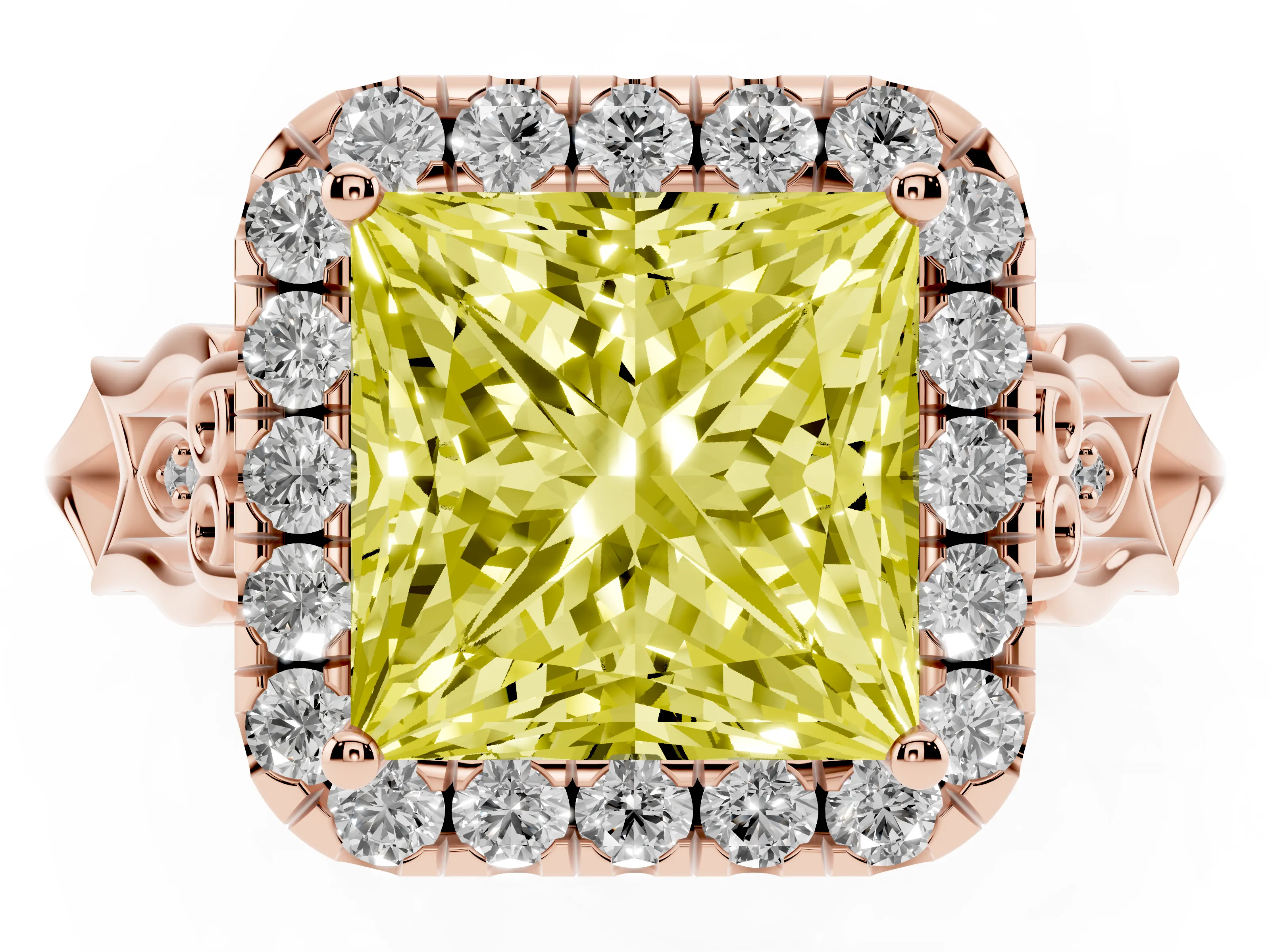 Fancy Yellow Princess Cut Diamond Halo Engagement Ring Set in Rose gold with Filigree Band and Prong-Set Center