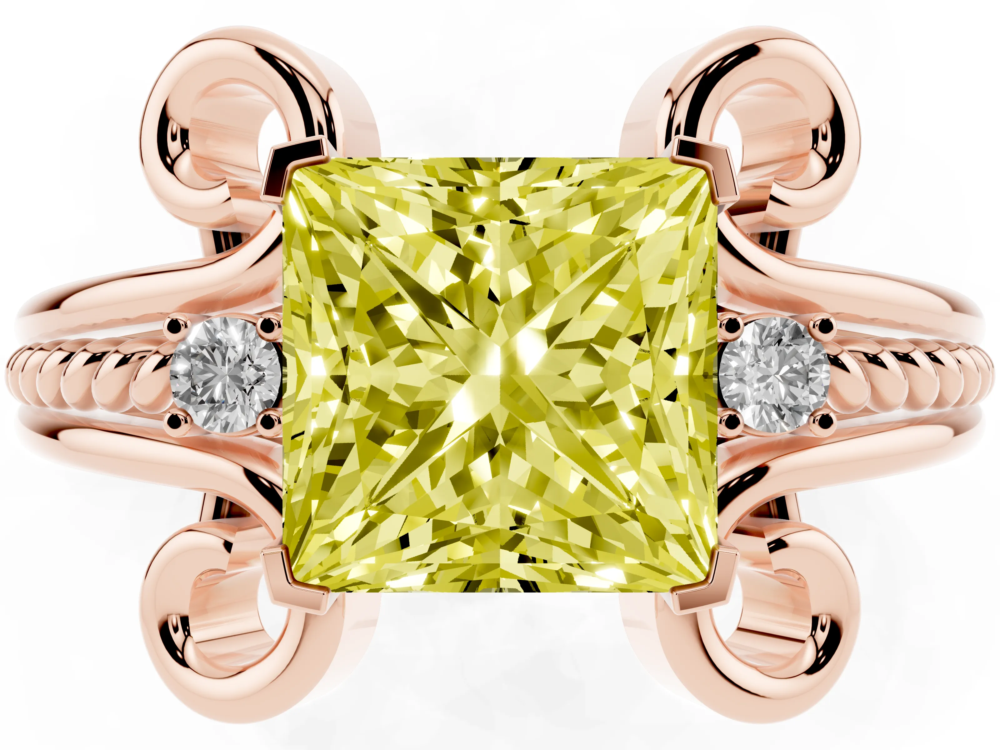 Fancy Yellow Princess Cut Diamond Twisted Band Solitaire Ring Set in Rose gold with Scroll Prongs