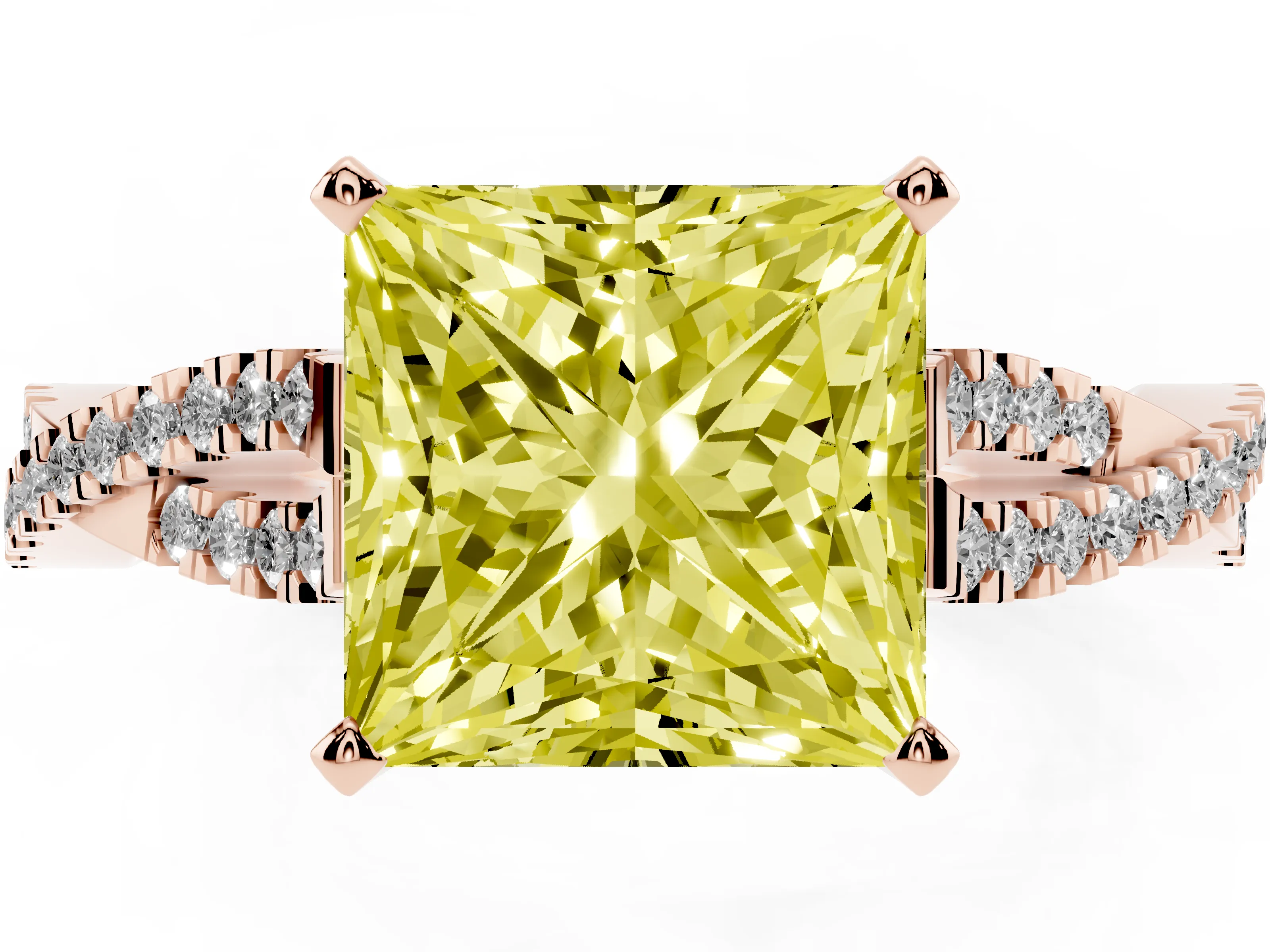Fancy Yellow Princess Cut Diamond Solitaire Engagement Ring Set in Rose gold with Twisted Pavé Band and Prong Setting