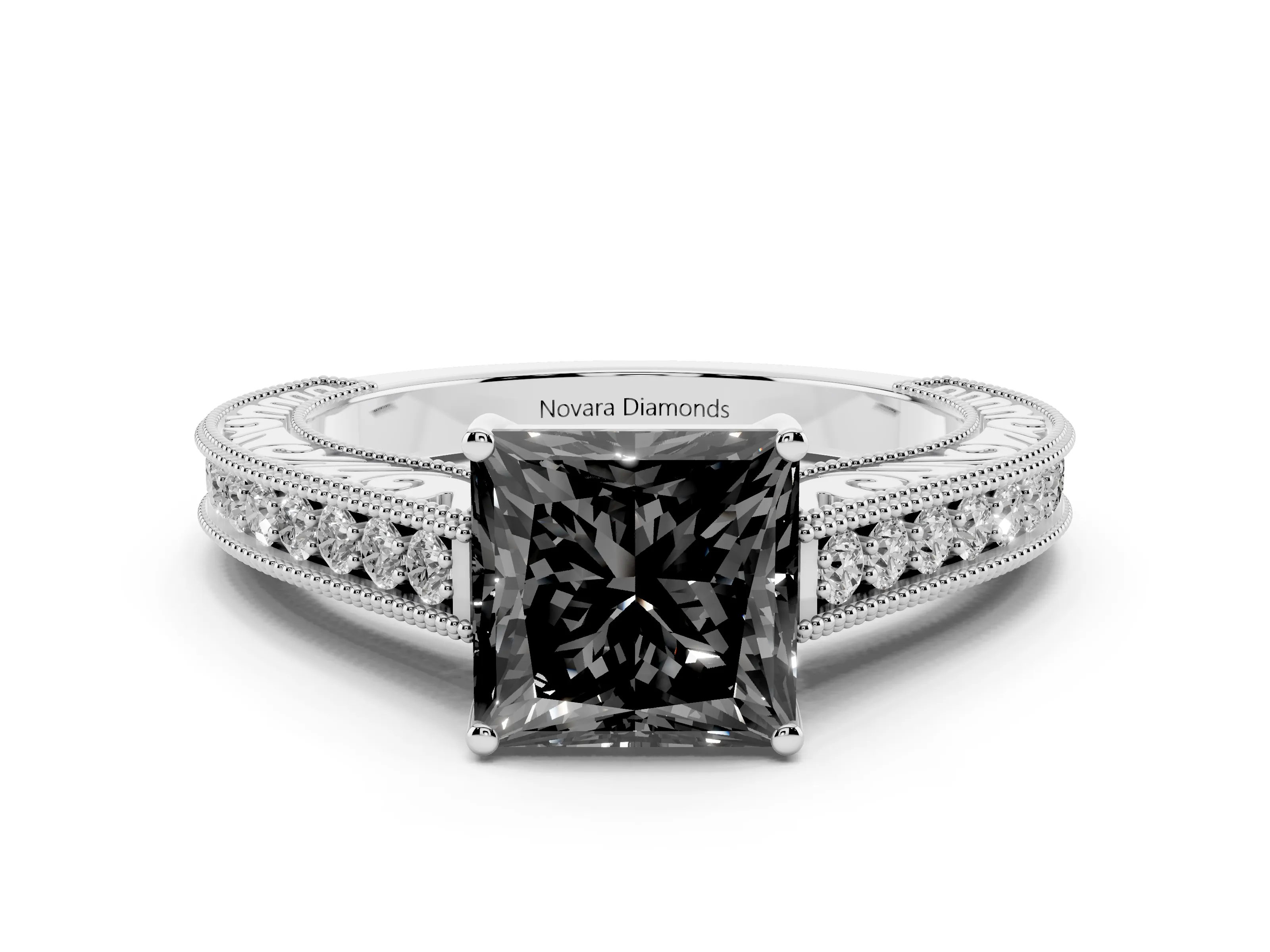 Fancy Black Princess Cut Diamond Milgrain Pavé Band Solitaire Ring Set in White gold with Prong Setting