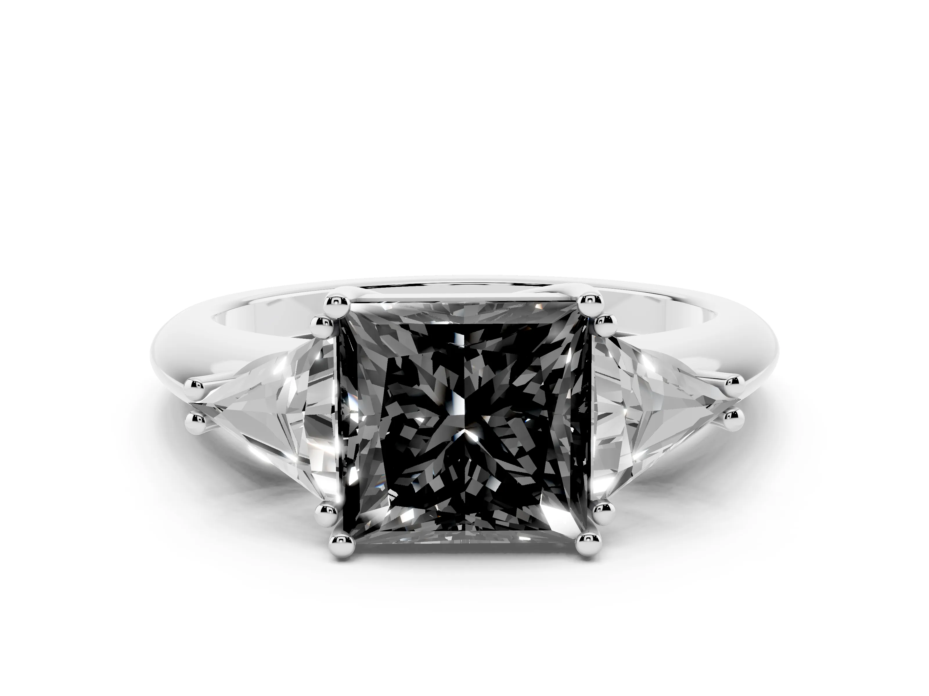 Fancy Black Princess Cut Diamond Three-Stone Engagement Ring Set in Silver with Trillion Side Stones