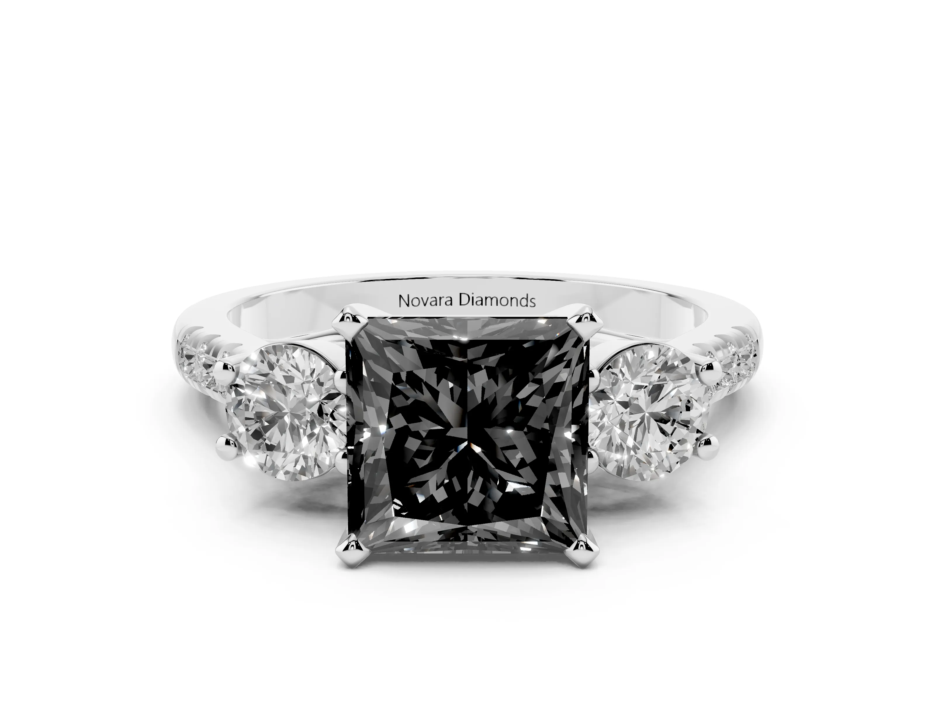 Fancy Black Three-Stone Princess Cut Diamond Pavé Band Ring Set in Platinum with Prong-Set Trio