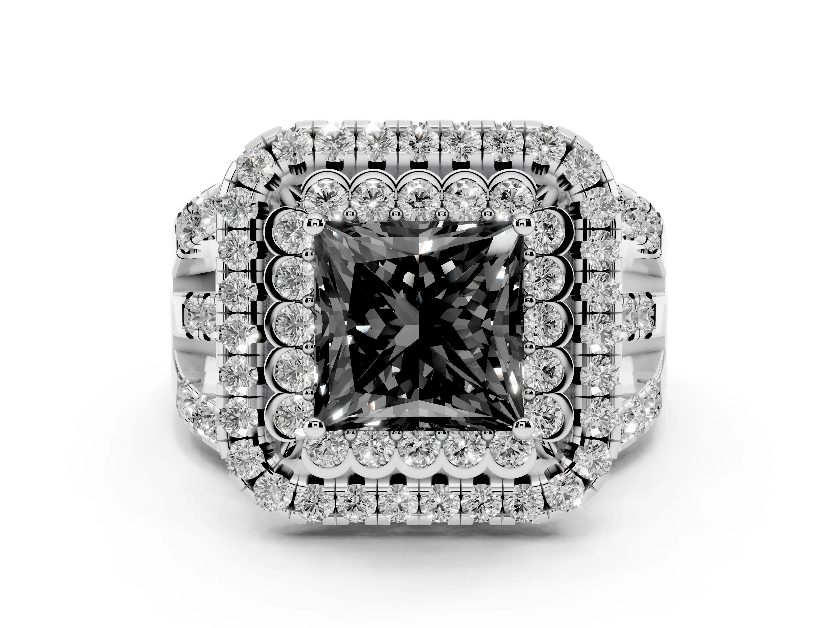 Fancy Black Princess Cut Diamond Double Halo Ring Set in White gold with Round Pavé Split Shank