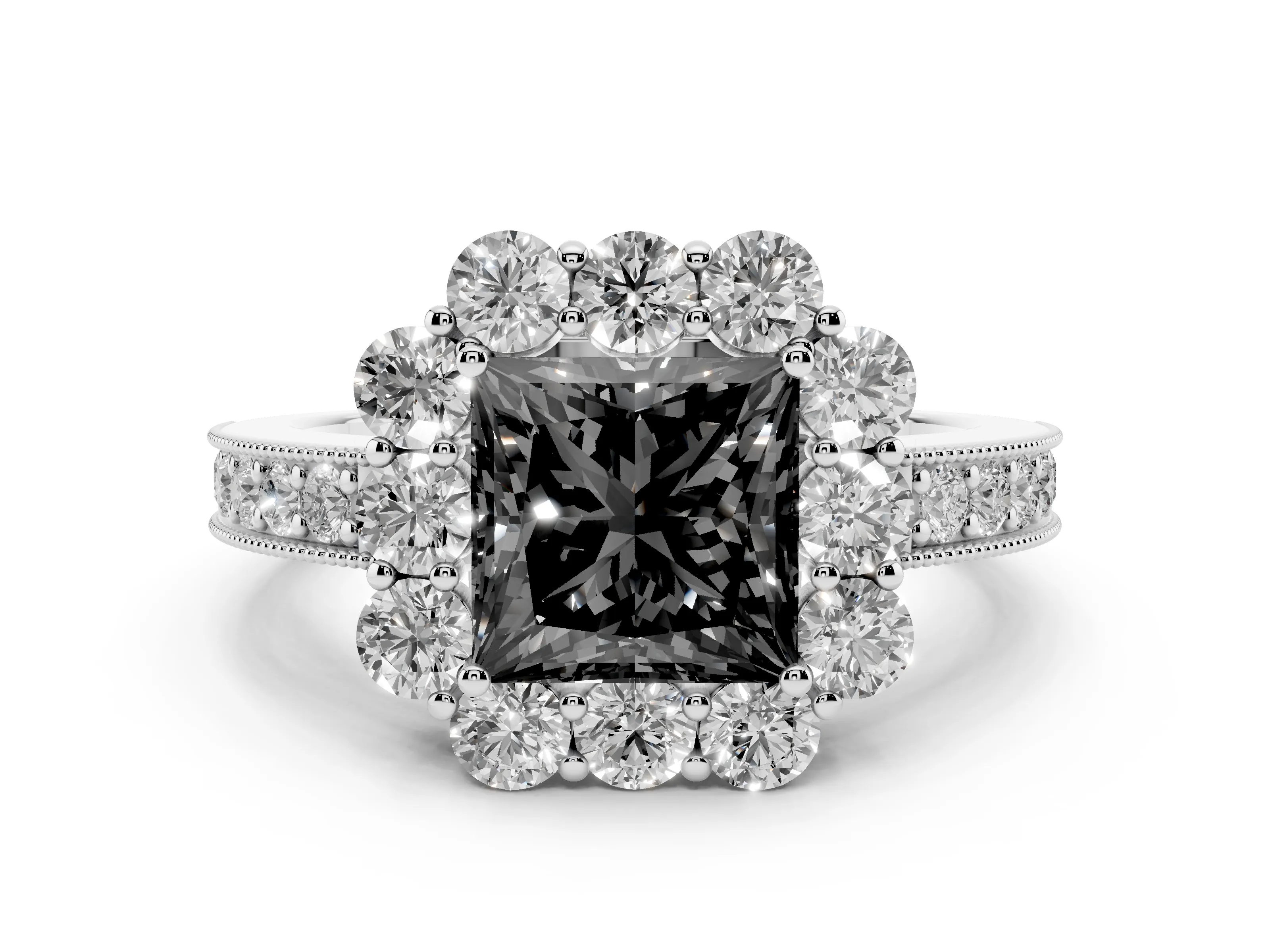 Fancy Black Princess Cut Diamond Halo Pavé Engagement Ring Set in White gold with Milgrain Detailing