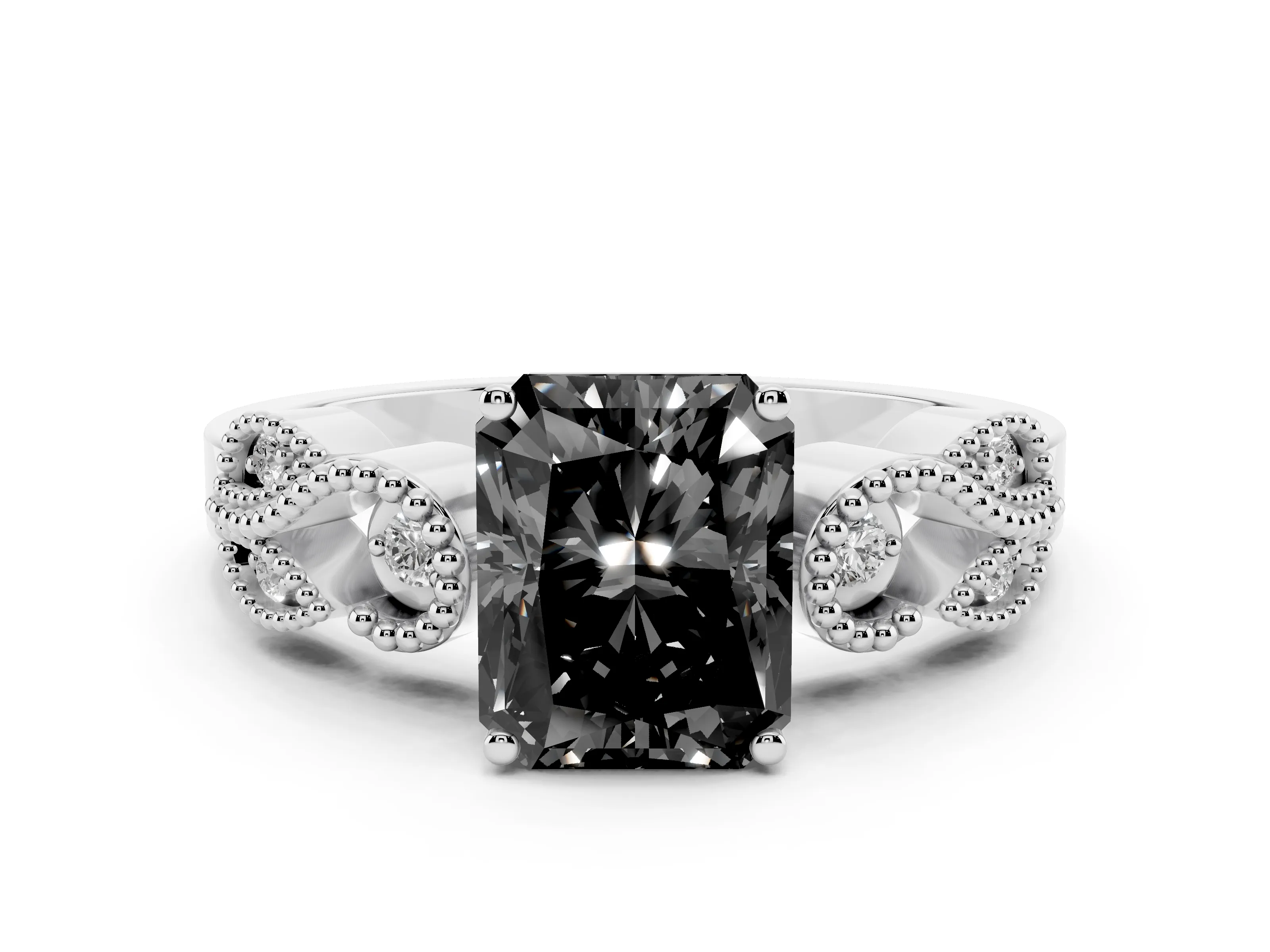 Fancy Black Princess Cut Diamond Milgrain Leaf Band Solitaire Ring Set in White gold with Accent Stones and Prong Setting