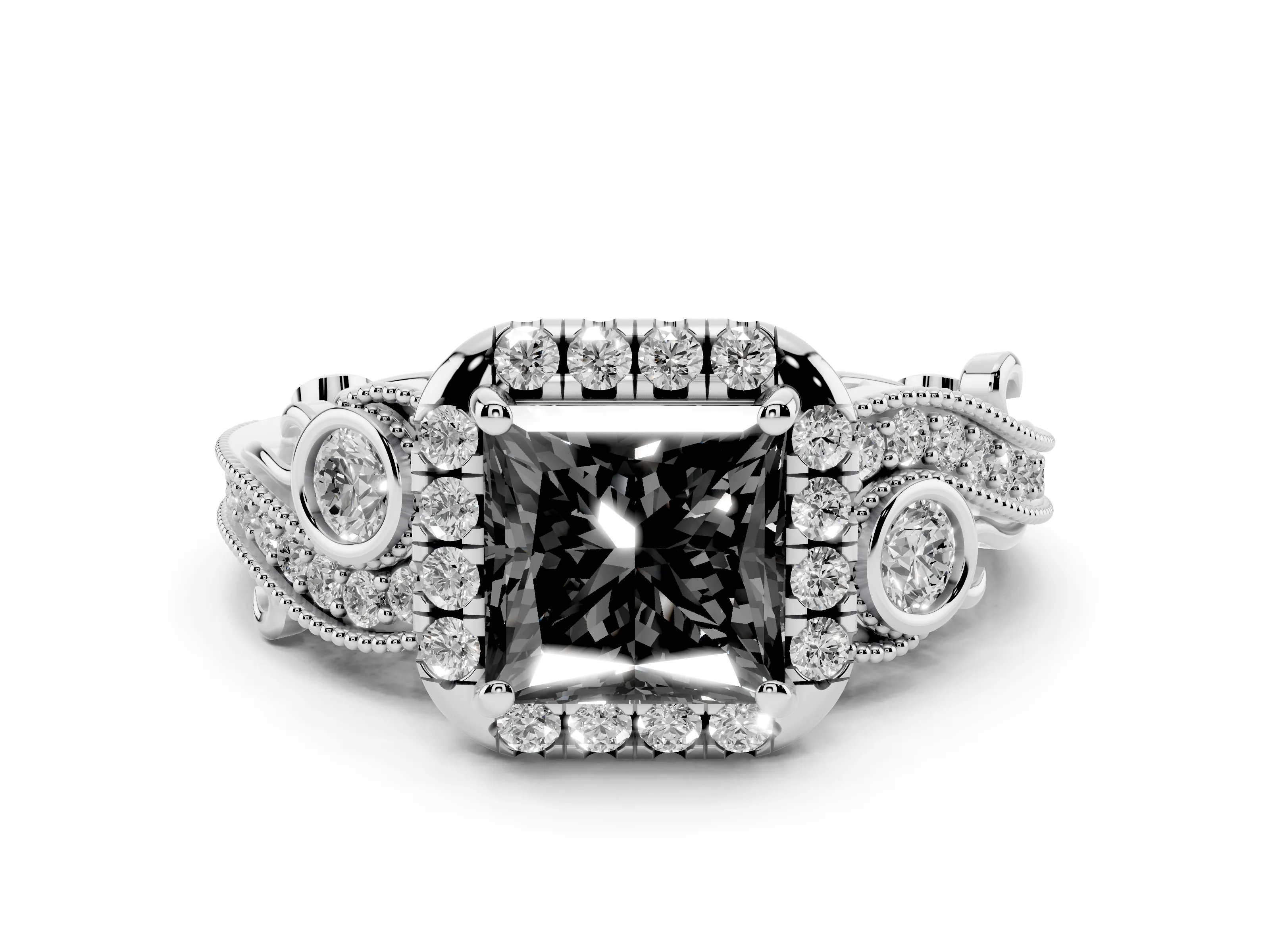 Fancy Black Princess Cut Diamond Halo Split Shank Ring Set in Silver with Milgrain and Bezel Accents