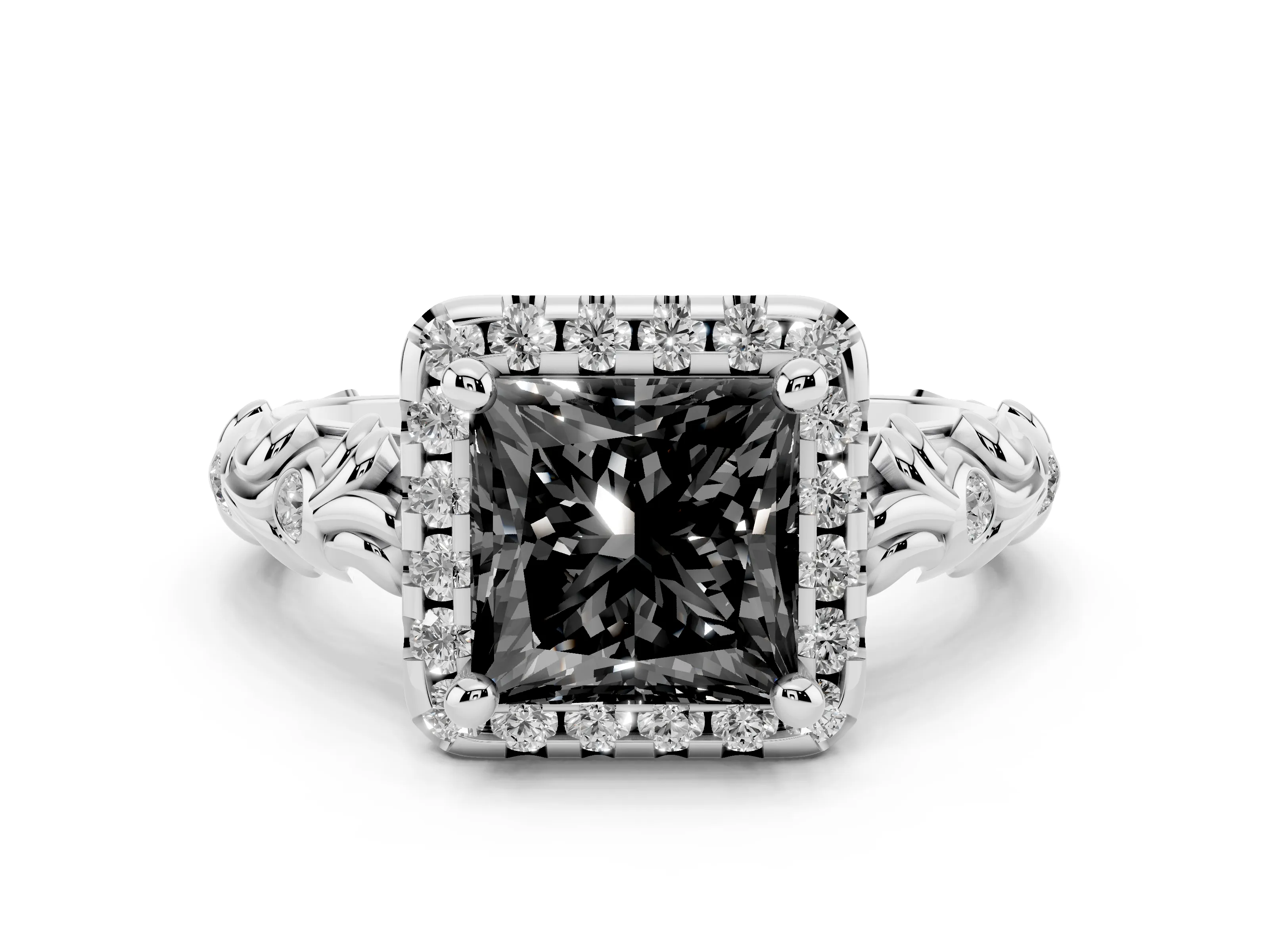 Fancy Black Princess Cut Diamond Halo Ring Set in Silver with Filigree Leaf Band and Prong Setting